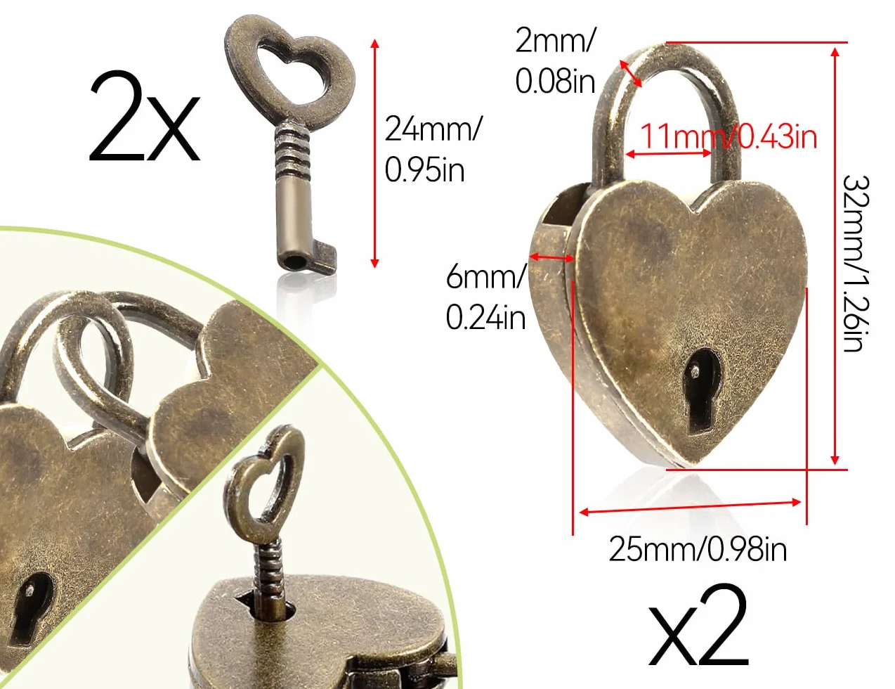Zestaw 2 mini kłódek, małe kłódki w stylu vintage z kluczem, pasują do szafki, pudełka na biżuterię, pamiętników, szuflad (brąz, serce)