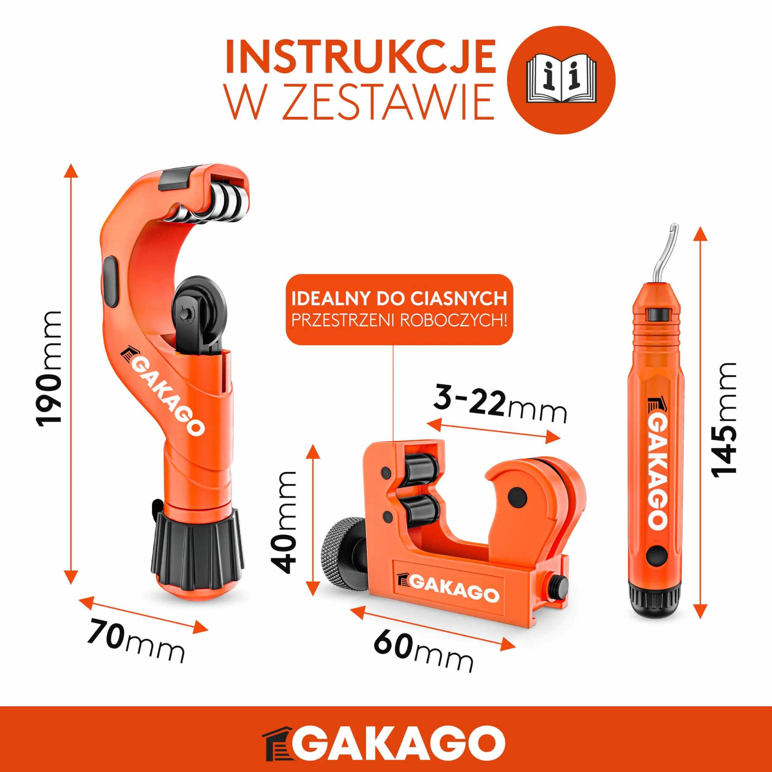 Gakago Zestaw obcinaków do rur 3-50 mm z gratownikiem - Wszechstronny obcinak do rur ze wszystkich popularnych metali, takich jak stal nierdzewna, miedź, aluminium, stal lub tworzywa sztuczne