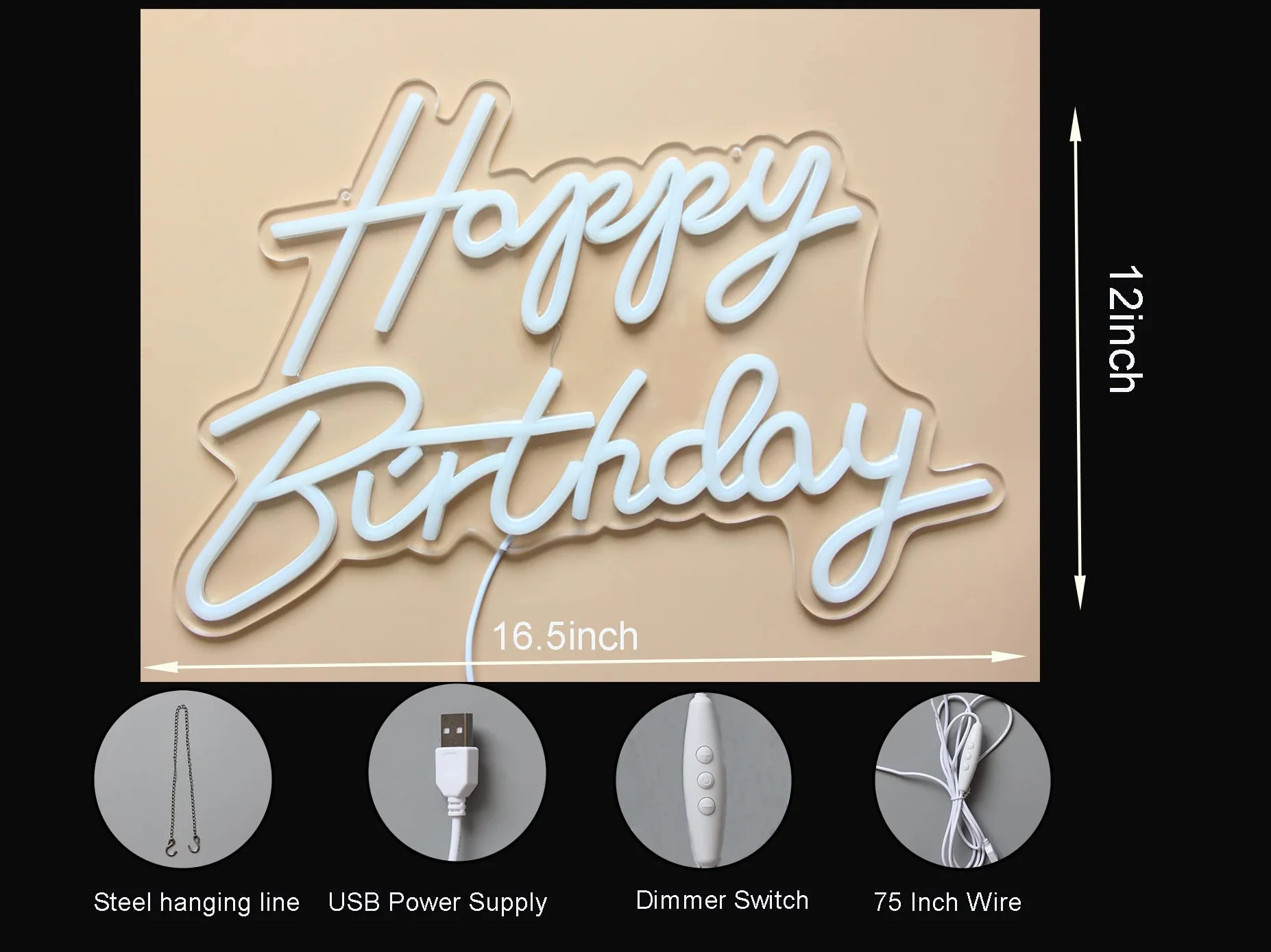 Neonowy znak LED „Happy Birthday”, nocny, dekoracja na przyjęcie urodzinowe, biały, zasilany przez USB, tło na przyjęcie, do sypialni, ścienny, 5 V