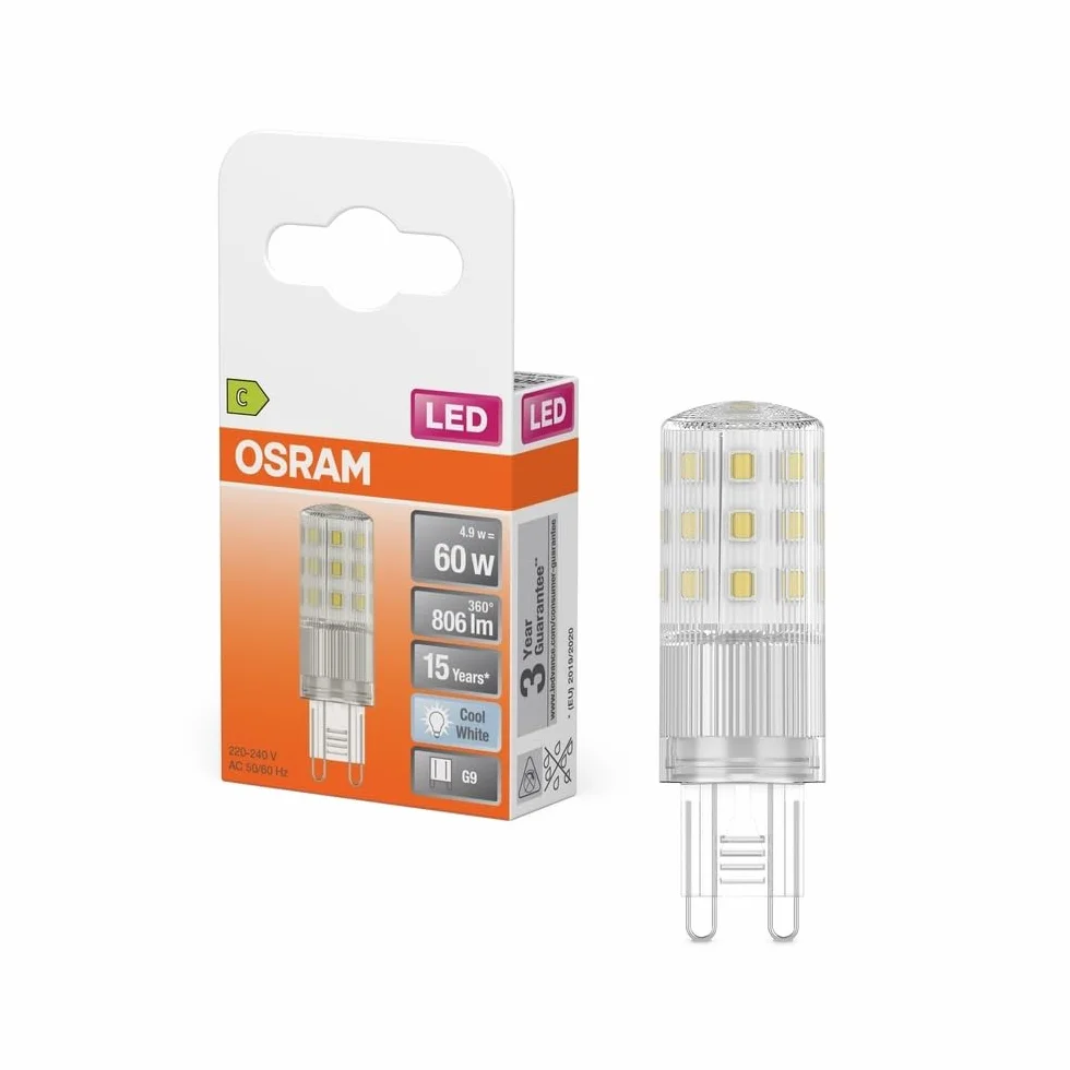 Wielokolorowa lampa LED OSRAM LED PIN z gniazdem retrofit G9, 4,9 W / 806 lm, przejrzyste, zimne białe światło o temperaturze 4000 K, bez możliwości ściemniania, IP20, szkło bezołowiowe, średnica 18 | , Lampy LED, średnica 18,00 milimetrów, , opakowanie 1