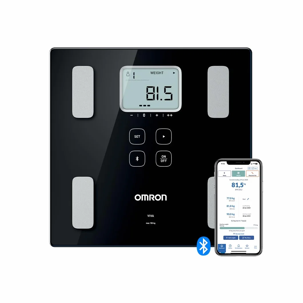 Waga OMRON VIVA Bluetooth Smart i monitor składu ciała z pomiarem tkanki tłuszczowej, masy ciała, zawartości tłuszczu trzewnego, masy mięśni szkieletowych, metabolizmu spoczynkowego i BMI