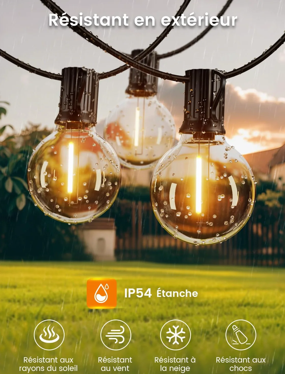 Torkase Łańcuch świetlny LED, do użytku na zewnątrz, 8 m, z zewnętrznymi warunkami atmosferycznymi, G40, ciepła biel, łańcuch świetlny na balkon, do ogrodu, pawilonu, tarasu, przedsionka, na wesele,