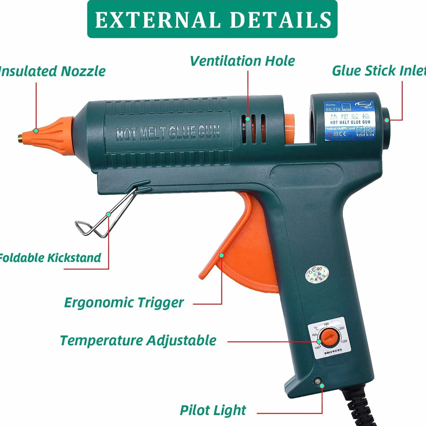 Pełnowymiarowy pistolet do klejenia na gorąco, 150 W z 6 miedzianymi dyszami, regulacja temperatury, narzędzie do naprawy rzemieślniczej, profesjonalny pistolet do klejenia do topienia, narzędzie
