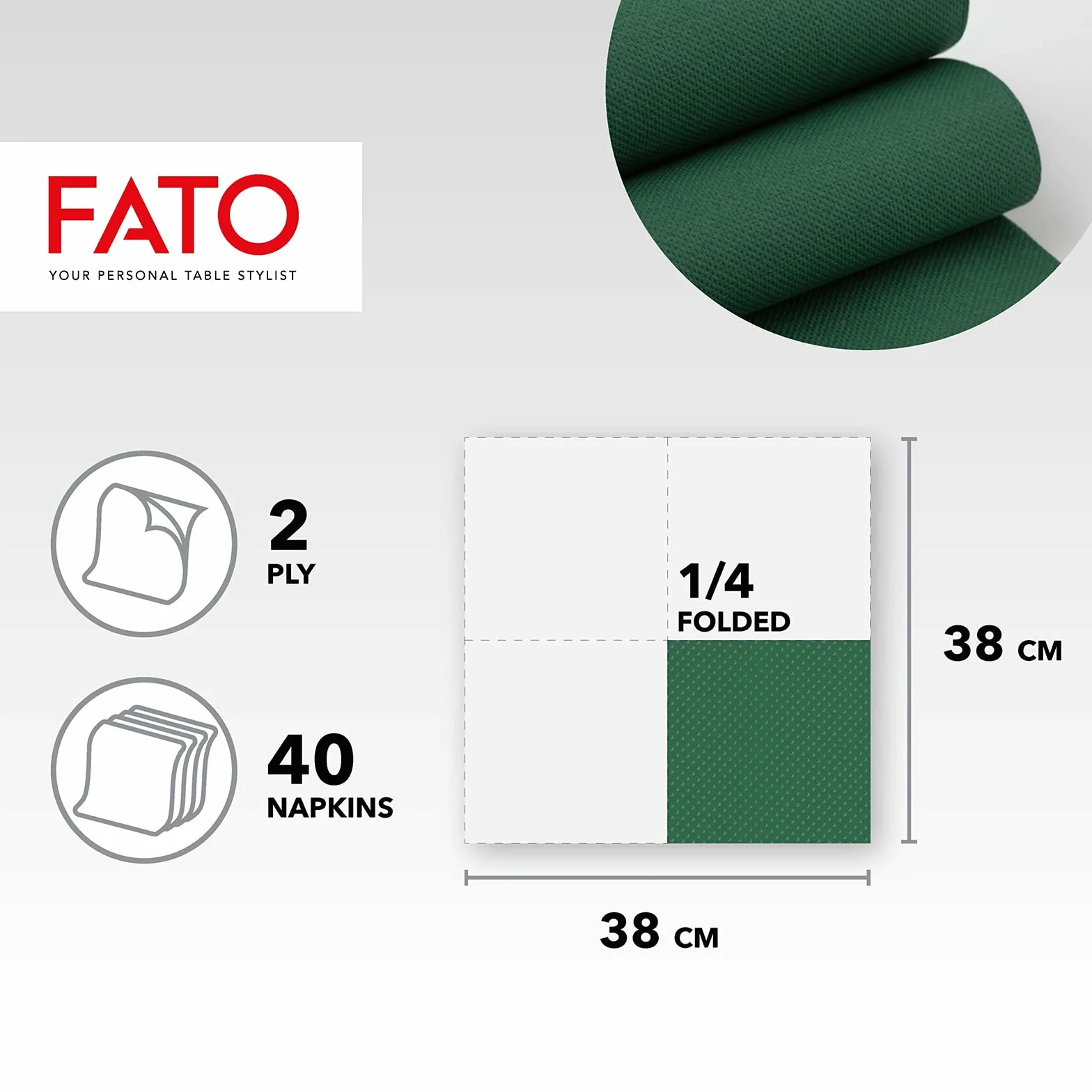 Fato - Jednorazowe serwetki papierowe, miękkość i puszystość, opakowanie z 40 serwetkami, rozmiar 38 x 38 złożone w 4 i 2 warstwach, kolor zielony leśny, 100% czysty papier celulozowy, certyfikat FSC