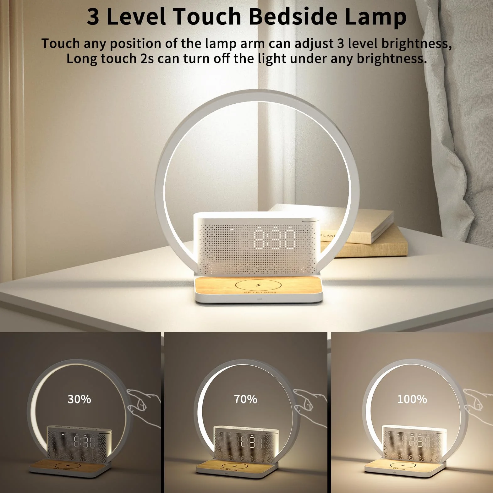 RETEYUNG Lampa wschód słońca z bezprzewodową ładowarką 10 W, lampka nocna z 2 budzikami, lampka budzenia z 10 uspokajającymi dźwiękami, 3-poziomowa dotykowa jasność, lampka nocna (art deco)