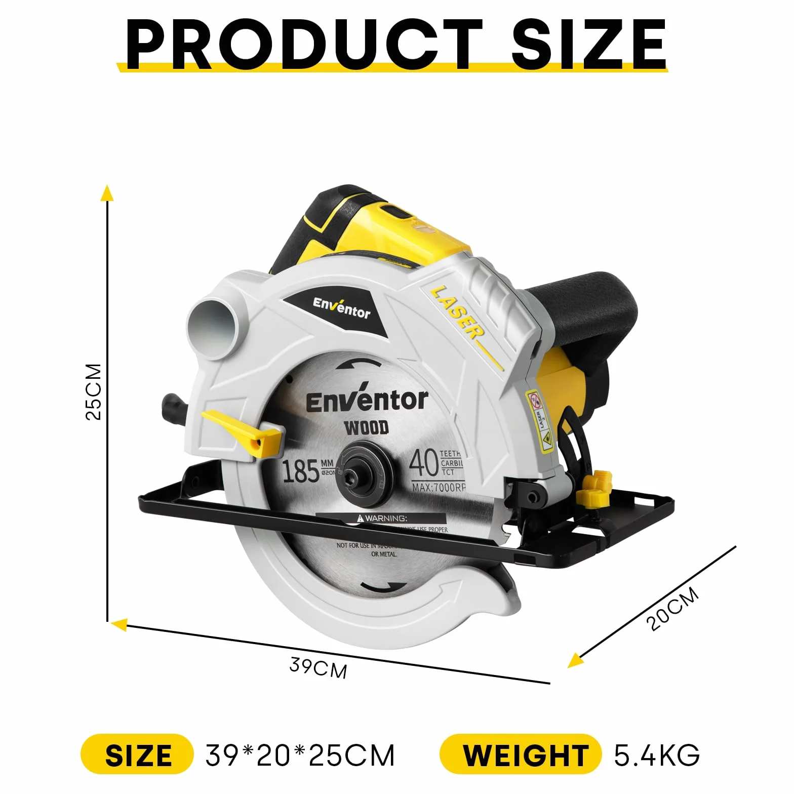Enventor Piła tarczowa 1500 W 5500 obr./min prowadnica laserowa silnik z czystej miedzi 2 brzeszczoty 24 T + 40 T Ø185 mm