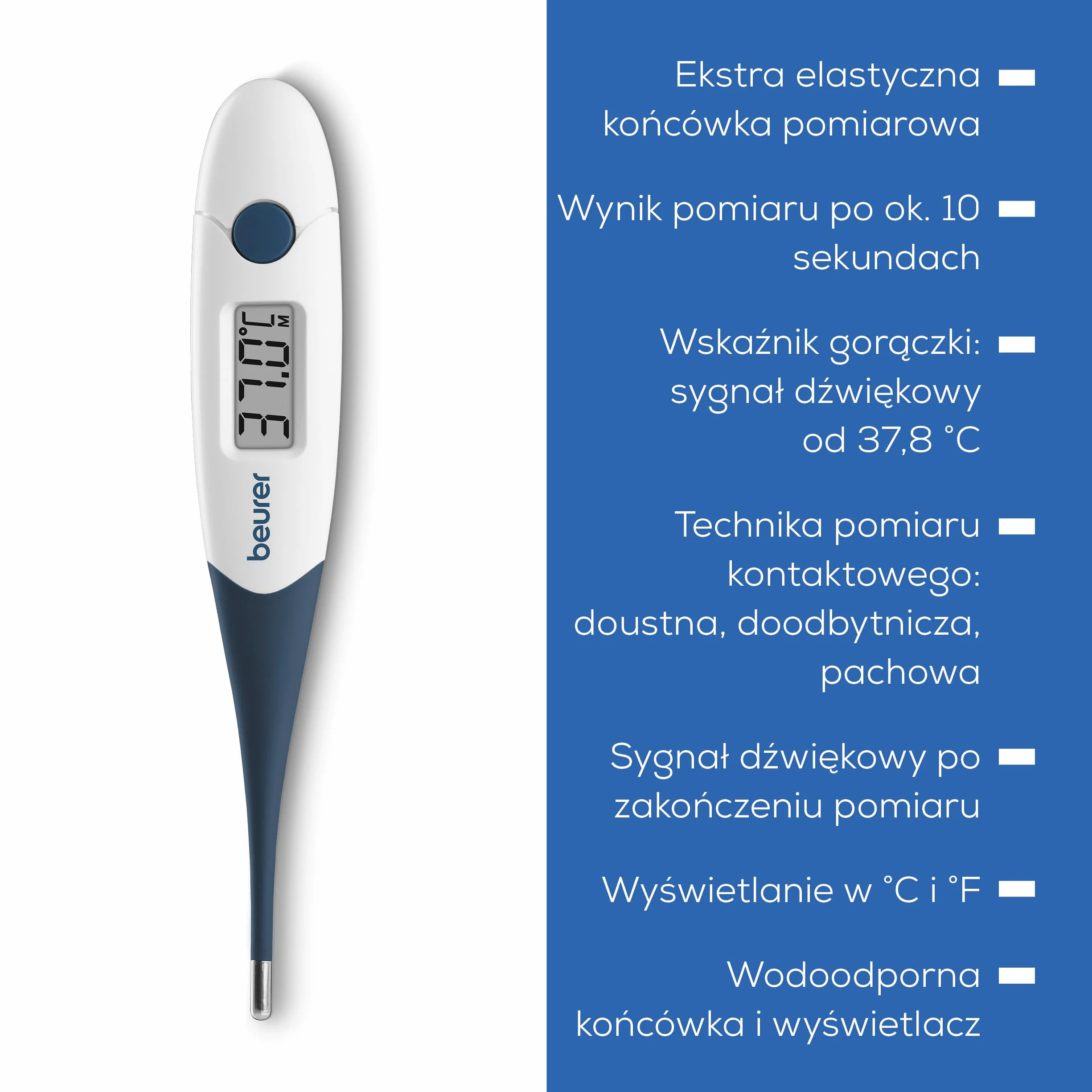 Beurer FT 17 cyfrowy termometr kliniczny, termometr z giętką końcówką pomiarową do pomiaru w jamie ustnej, w odbycie i pod pachą, wynik pomiaru w ciągu 10 sekund, wskaźnik temperatury, biały