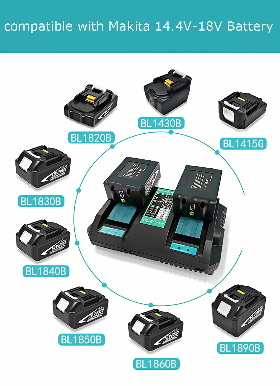 Ładowarka DC18RD 14,4V-18V Dual Port szybka ładowarka do akumulatora BL1850B BL1850 BL1860B BL1860 BL1840B BL1835 BL1815 BL1415 BL1430 BL1440 BL1450 kompatybilna z akumulatorem Makita 18 V