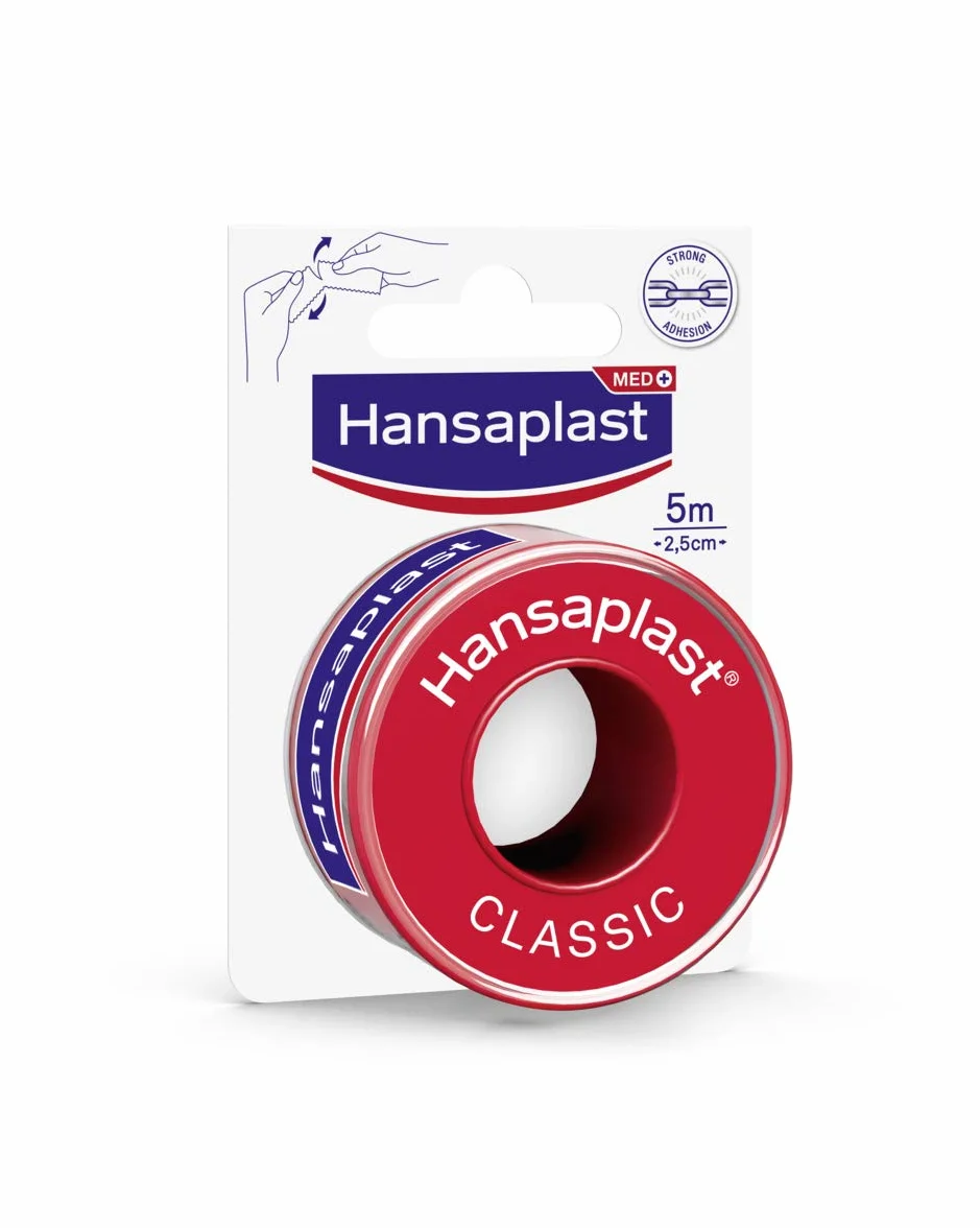 Hansaplast Plaster mocujący Classic (5 m x 2,5 cm), taśma do łatwego i bezpiecznego mocowania opatrunków, rolka z dużą siłą klejenia.