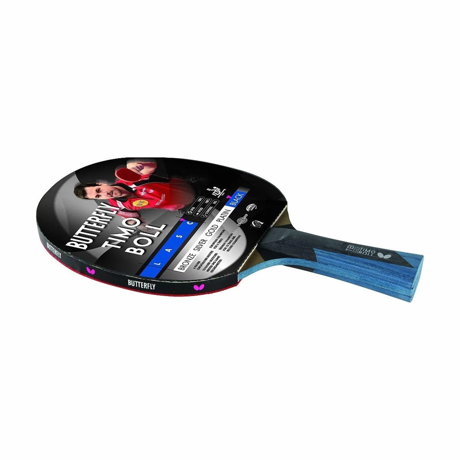 Butterfly® Timo Boll Black rakieta do tenisa stołowego, rakieta do tenisa stołowego, dla zaawansowanych technicznie graczy, z certyfikatem ITTF Wakaba, anatomiczny kształt uchwytu