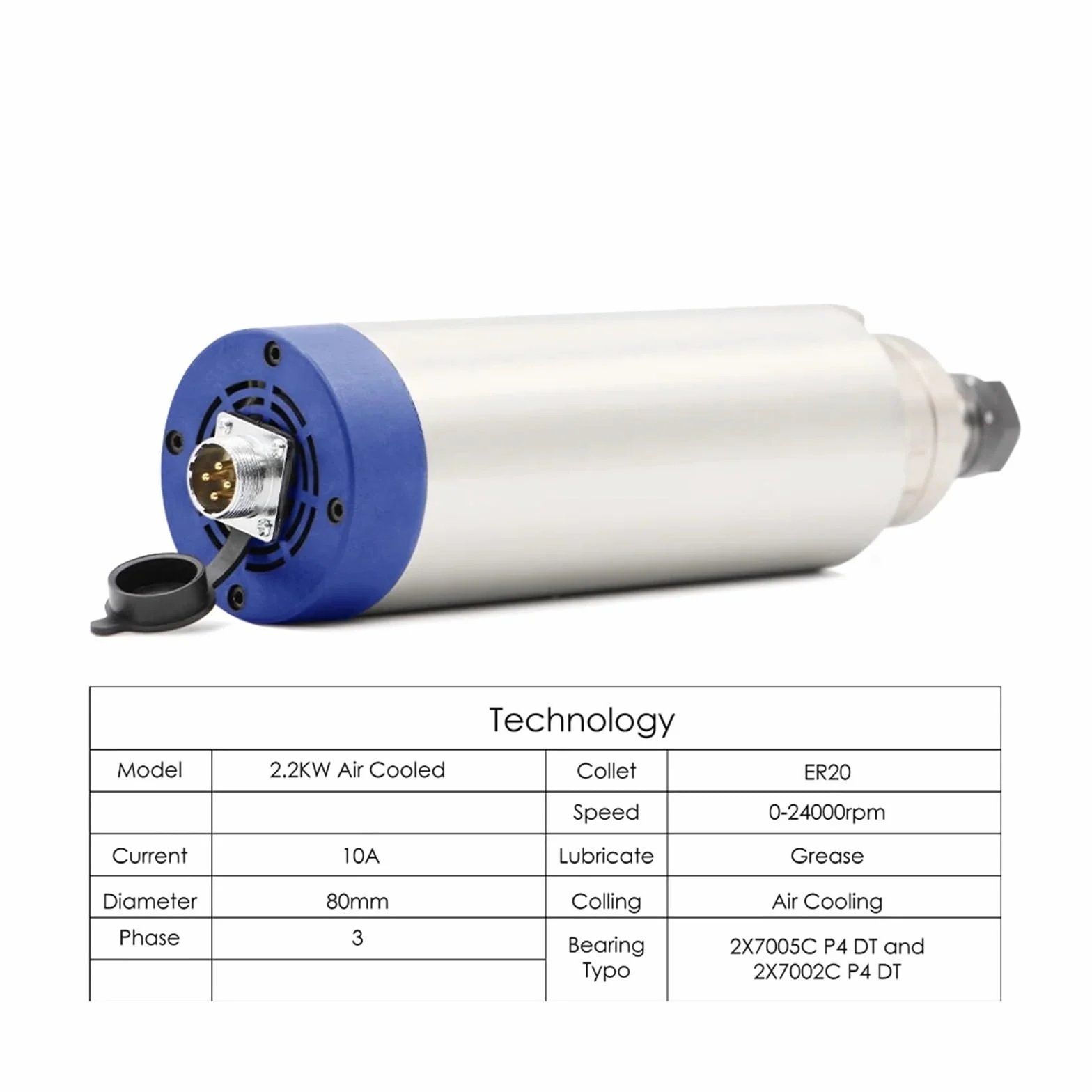 2.2KW CNC Silnik Wrzeciona Chłodzonego Powietrzem ER20 4 Szt. Łożyska Ceramiczne 80mm Wrzeciono Chłodzące Powietrze Do Frezowania Grawerskiego Wysoce Zoptymalizowany(Ceramic Ball Bearing)