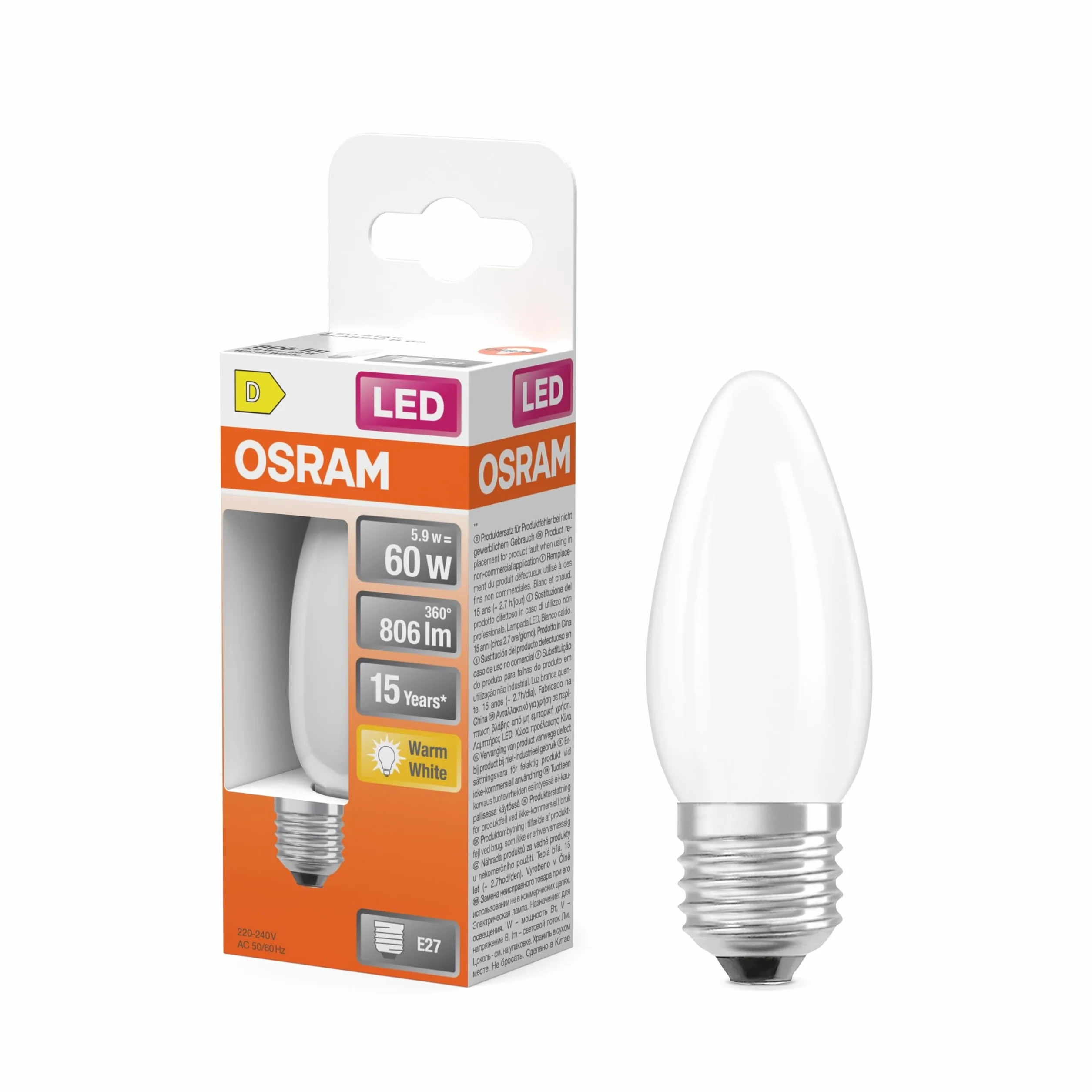 OSRAM LED Star Klasyczna lampa LED w klasycznym kształcie mini świecy, białe, ciepłe białe światło (2700 K) o mocy 5,5 W / 806 lm, wykonana z matowego szkła bezołowiowego, trzonek E27, IP20, EEK D,