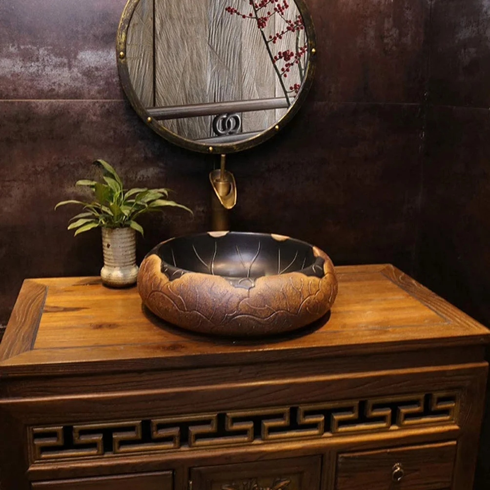 Szafka Pod Umywalkę Z Umywalką, Umywalka Łazienkowa Nablatowa, Umywalka Nablatowa Z Czarnym Kwiatem Lotosu, Ceramiczna Umywalka Nablatowa W Stylu Vintage, Okrągła Antyczna Umywalka Łazienkowa, Czarny
