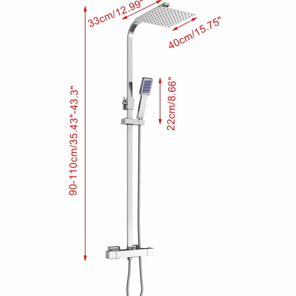 System prysznicowy z termostatem, 40 x 40 cm, podtynkowy, deszczownica, zestaw kolumny prysznicowej, armatura prysznicowa, ze stali nierdzewnej, drążek prysznicowy z regulacją wysokości, zestaw kolumn