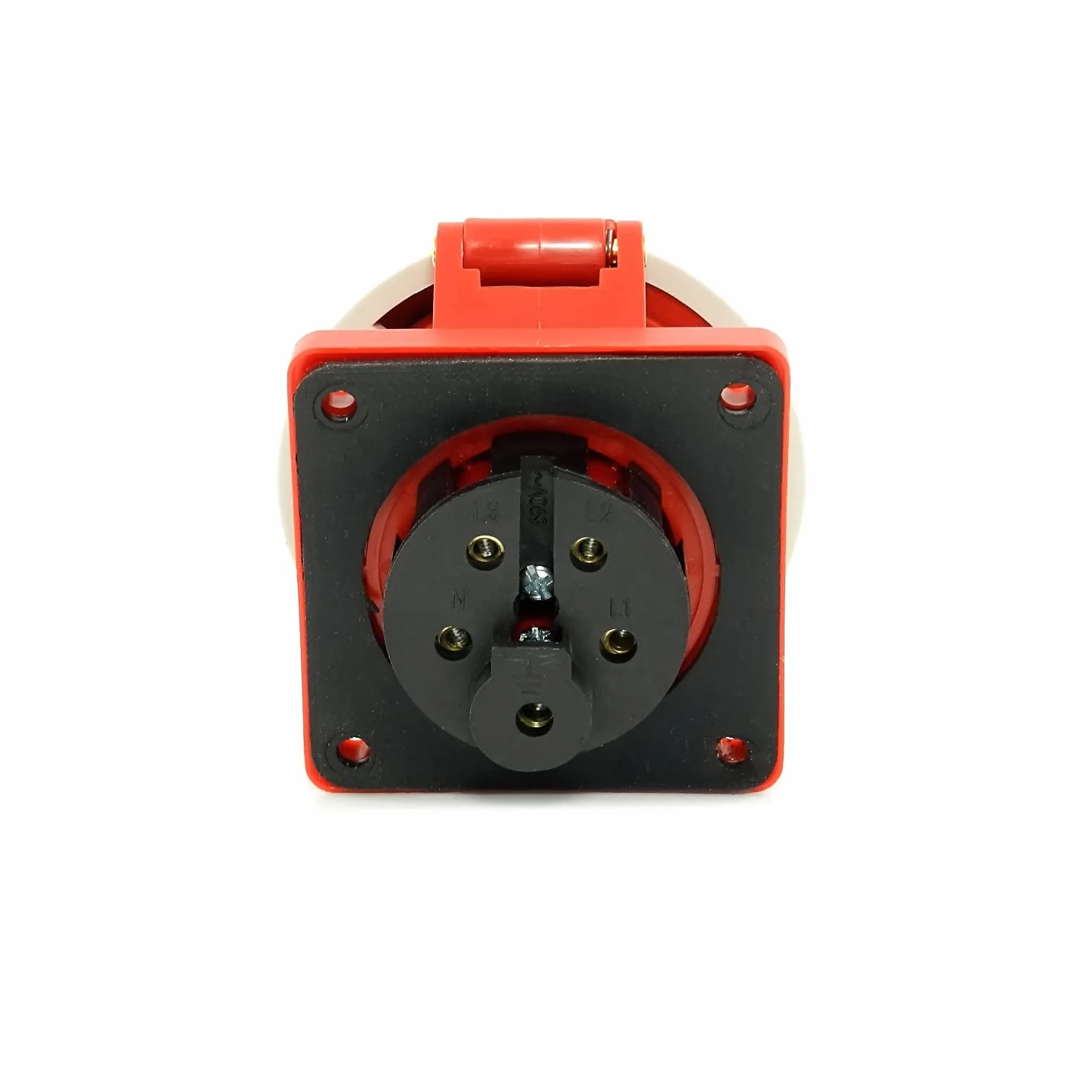 Wysokoprądowe gniazdko ścienne CEE do kabla 16 A 400 V IP67 5-pinowe gniazdo ścienne z zakręcaną pokrywą i pokrywą na zawiasach na zewnątrz 91643