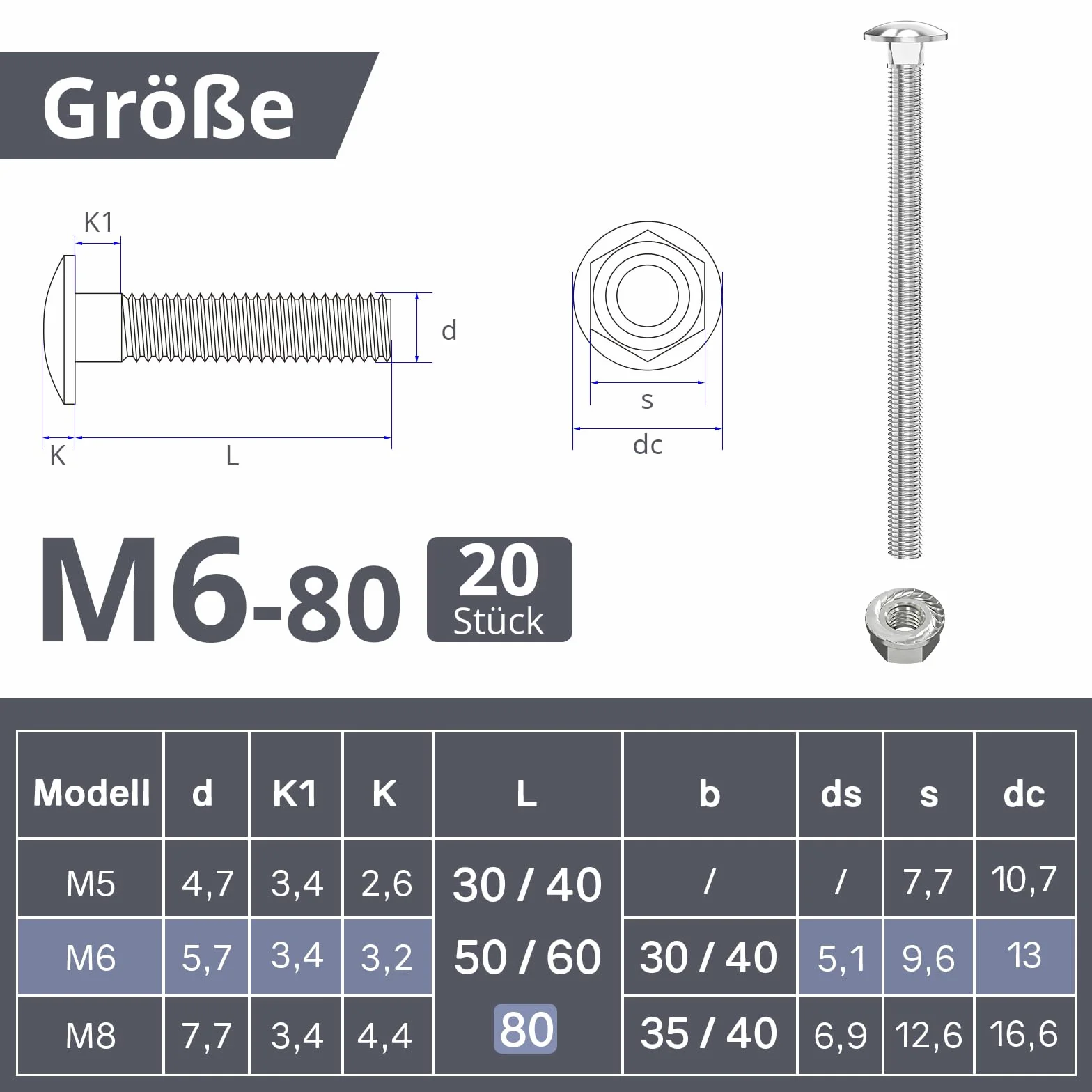 ORTAVA Śruby zamkowe M6 × 80 ocynkowane DIN 603 (20 sztuk), z sześciokątną nakrętką kołnierzową, ze stali węglowej, półokrągła głowica czworokątna