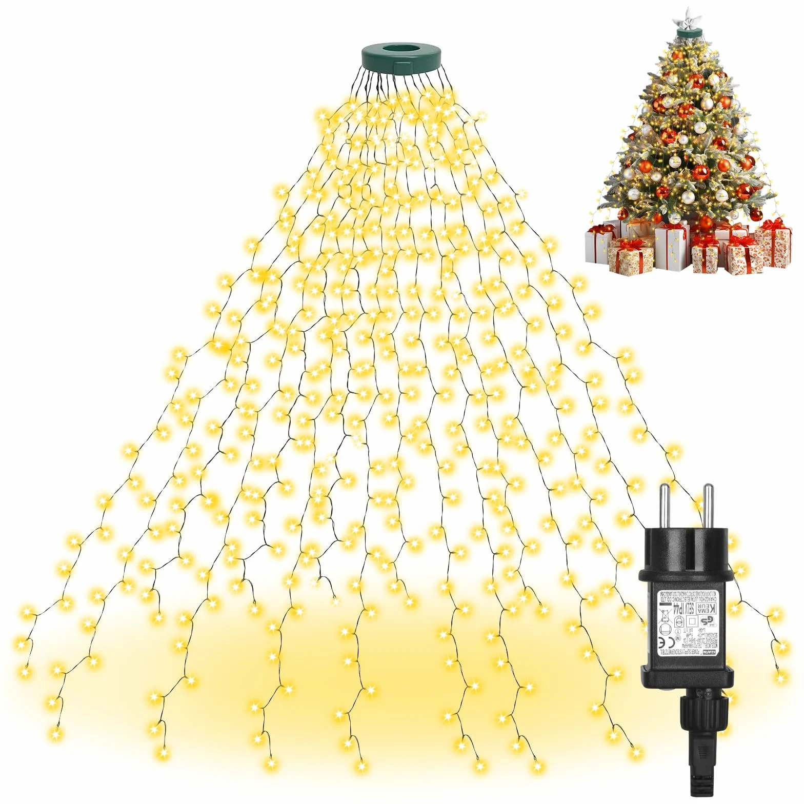 Withosent Lampki choinkowe, 3 m 448 diod LED, lampki choinkowe z pierścieniem, wodoodporne IP44, z timerem, Funkcja pamięci, 8 trybów, do dekoracji świątecznych wewnątrz i na zewnątrz – ciepła biel