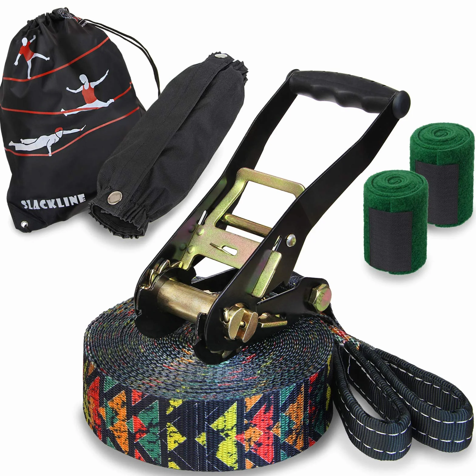 ALPIDEX Slackline Set 15m + osłona drzewa i napinacza grzechotka, odpowiedni dla dzieci początkujących zaawansowanych użytkowników