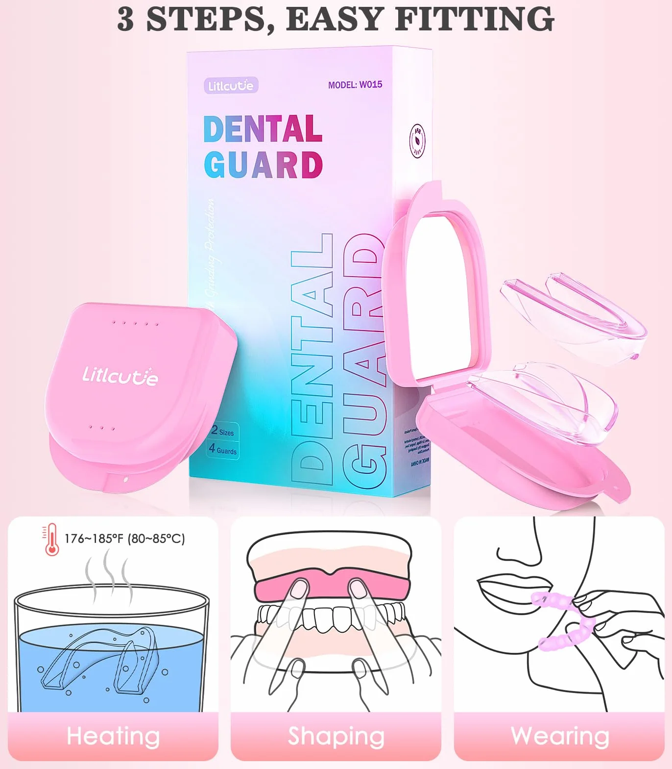 Mouthguard for Teeth Grinding at Night, Sleep, Night Guards for Teeth Grinding - With 2 x 5X Mirror Mouthguard Case, Transparent Pink (4 Pack/2 Sizes)