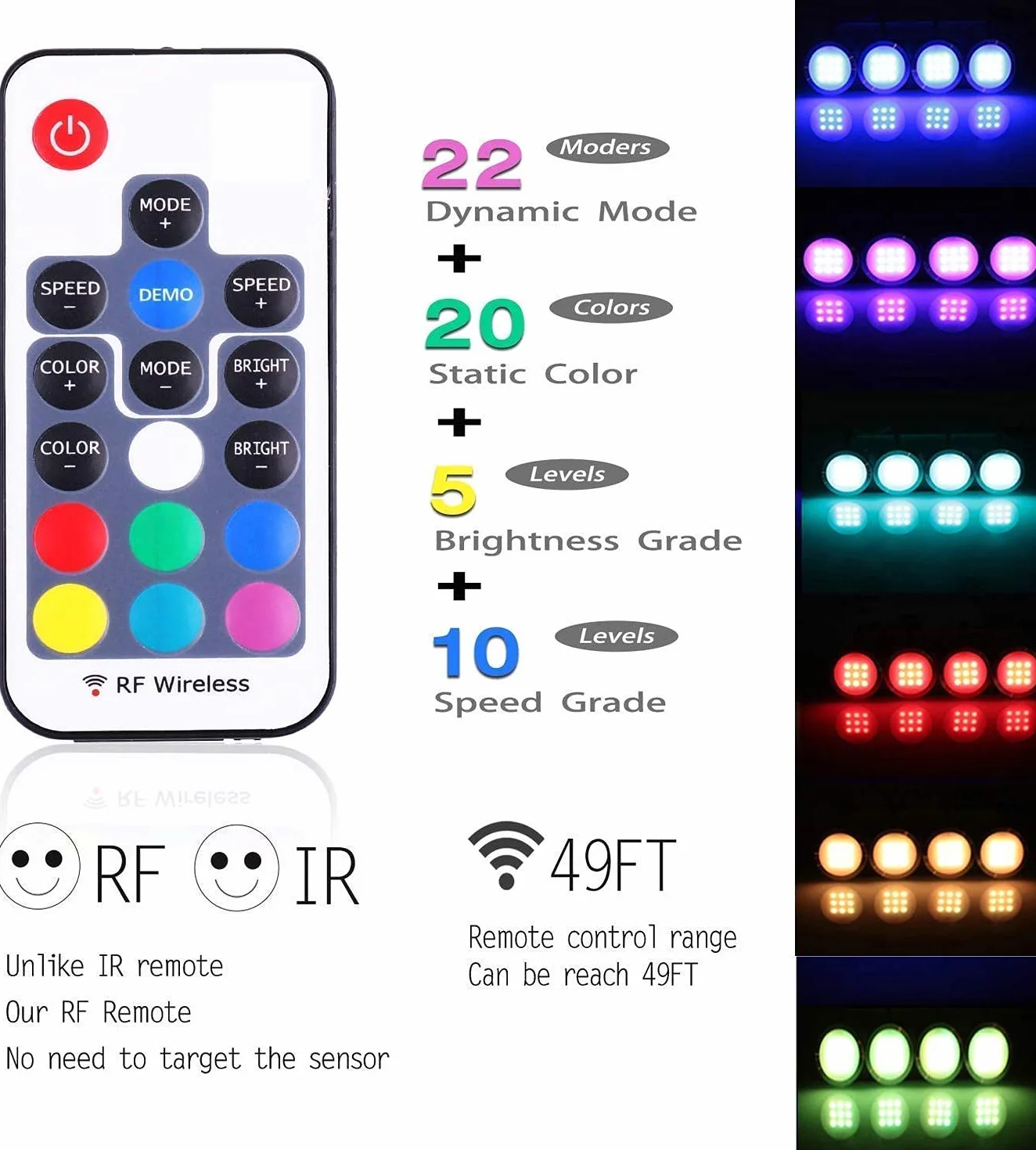 AIBOO Oświetlenie szafki RGB LED, zestaw 8 sztuk, 12 V, lampa podszafkowa, zmiana koloru z pilotem zdalnego sterowania, możliwość ściemniania, oświetlenie witryn RGB, oświetlenie LED do oświetlenia