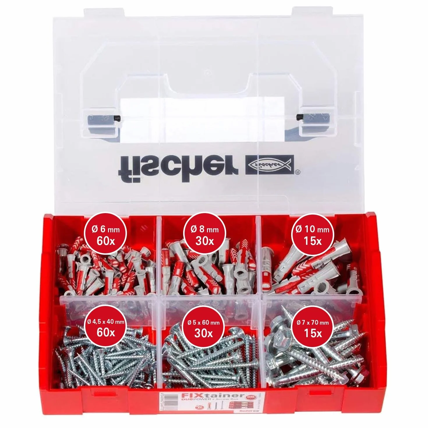 fischer FixTainer DuoPower ze śrubą, zestaw do mocowania 210 śrub i kołków (60x6x30, 30x8x40, 15x10x50)