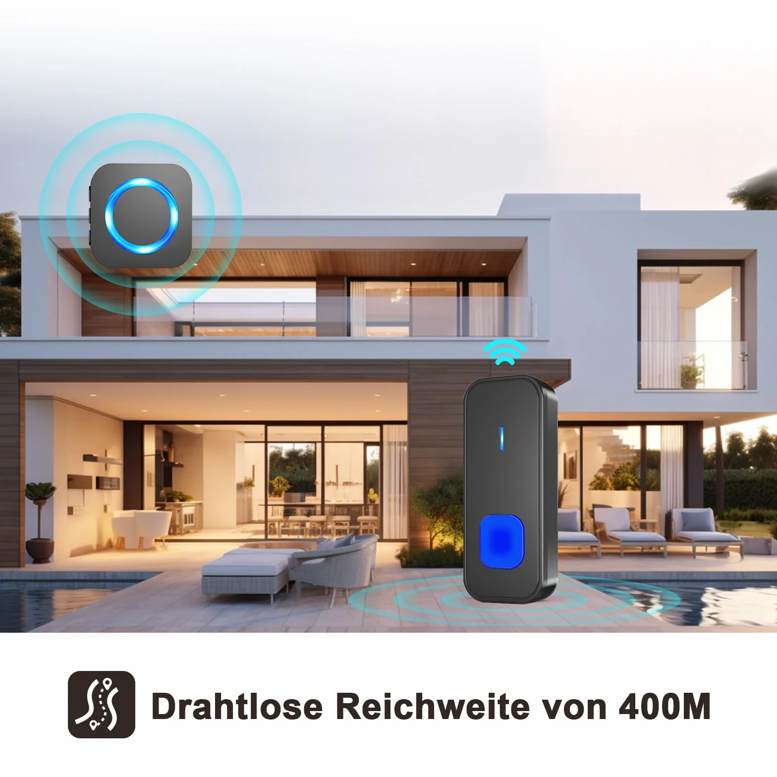 SURFOU Bezprzewodowy dzwonek do drzwi z odbiornikiem plug-in, zasięg 400 m, wodoszczelny, 55 dźwięków dzwonków, 5 głośności, migające diody LED, czarny