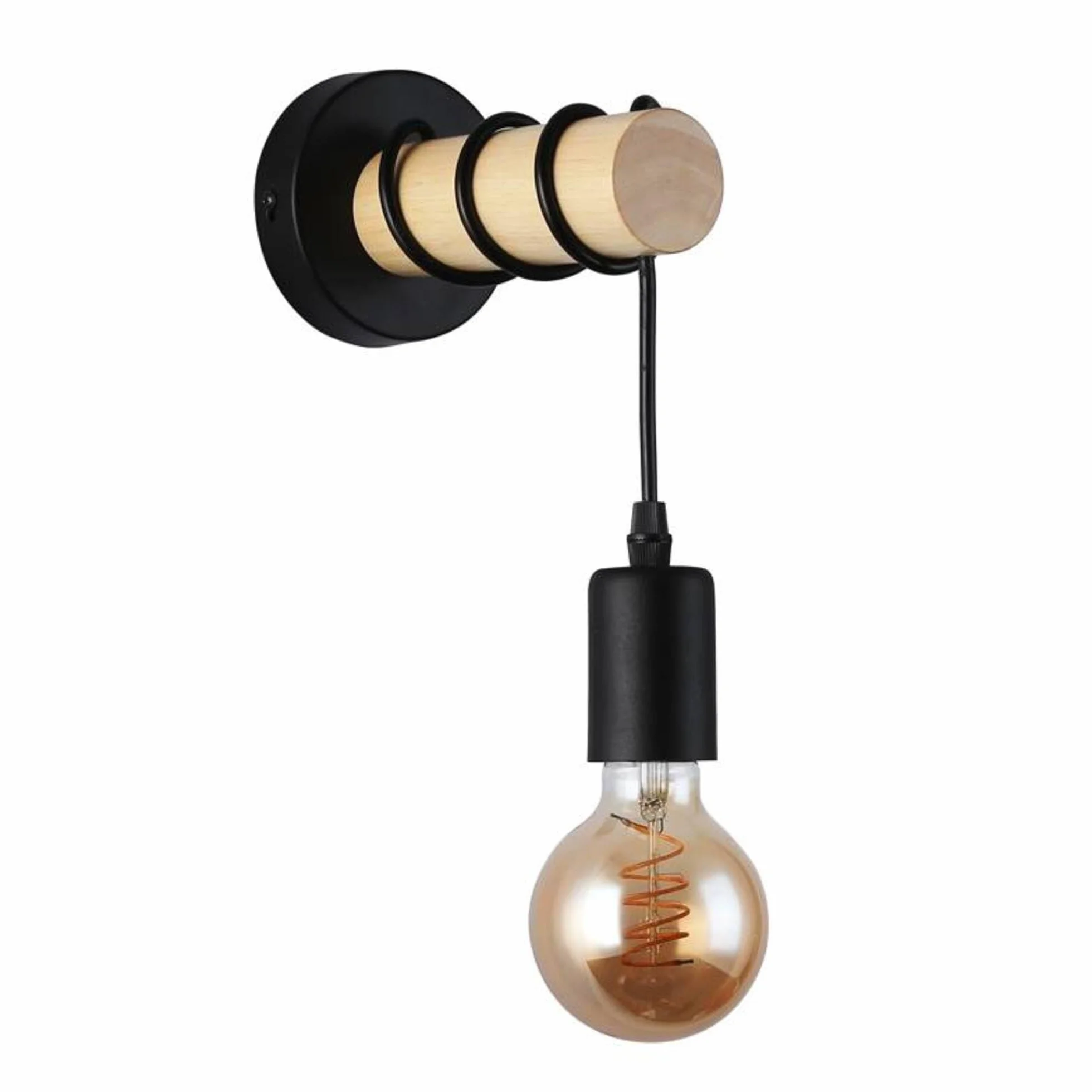 B·LED BARCELONA LED BarcelonaLED Okrągła lampa ścienna z naturalnego drewna z gniazdem E27 czarny wisiorek kabel w stylu vintage nordycki do przedpokoju sypialni salonu