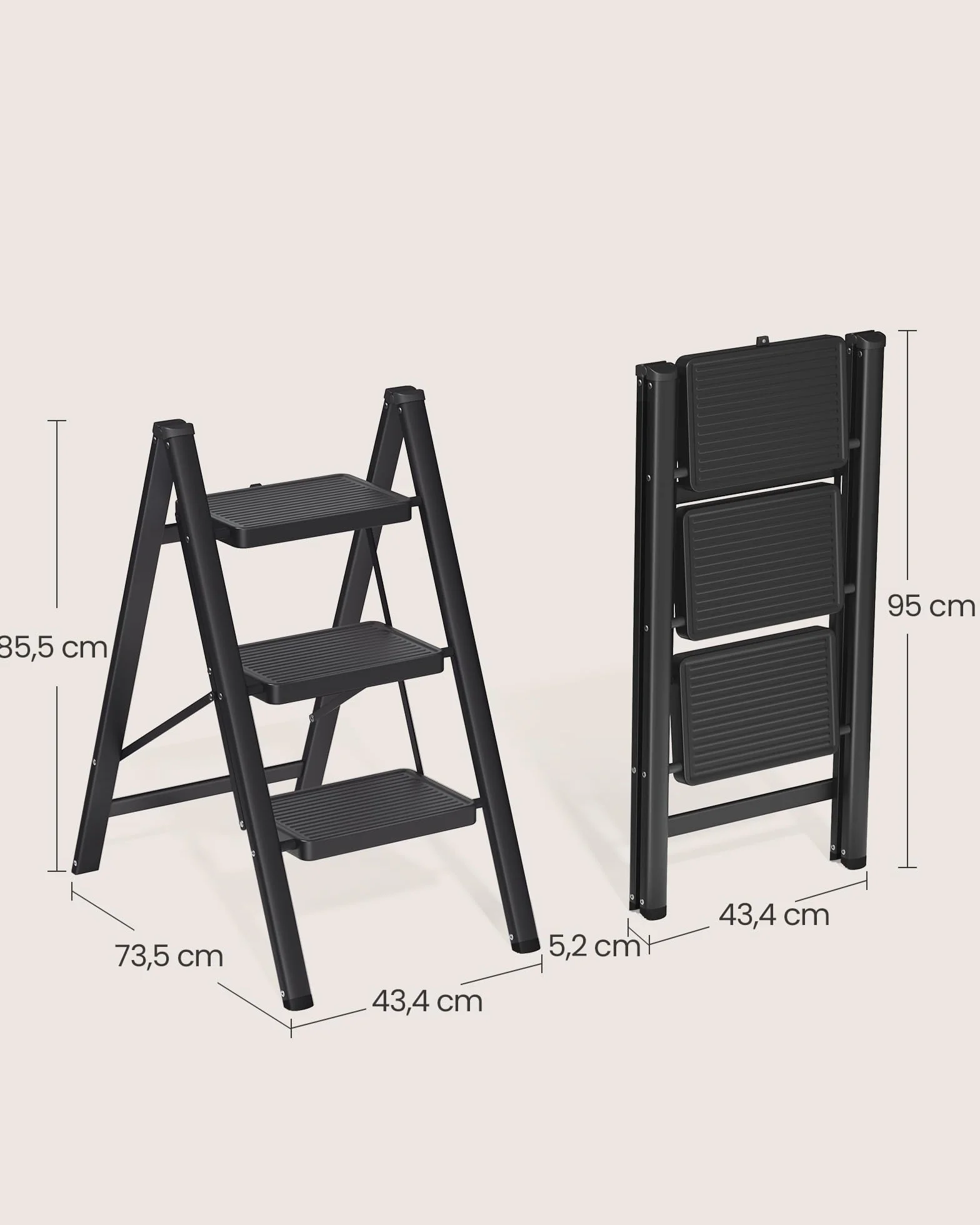 SONGMICS składana drabina schodkowa, 3-stopniowa, udźwig do 150 kg, drabina stalowa, łatwa do przechowywania, do domu i biura, czarna, 73,5 x 43,4 x 85,5 cm GSL103BZ01
