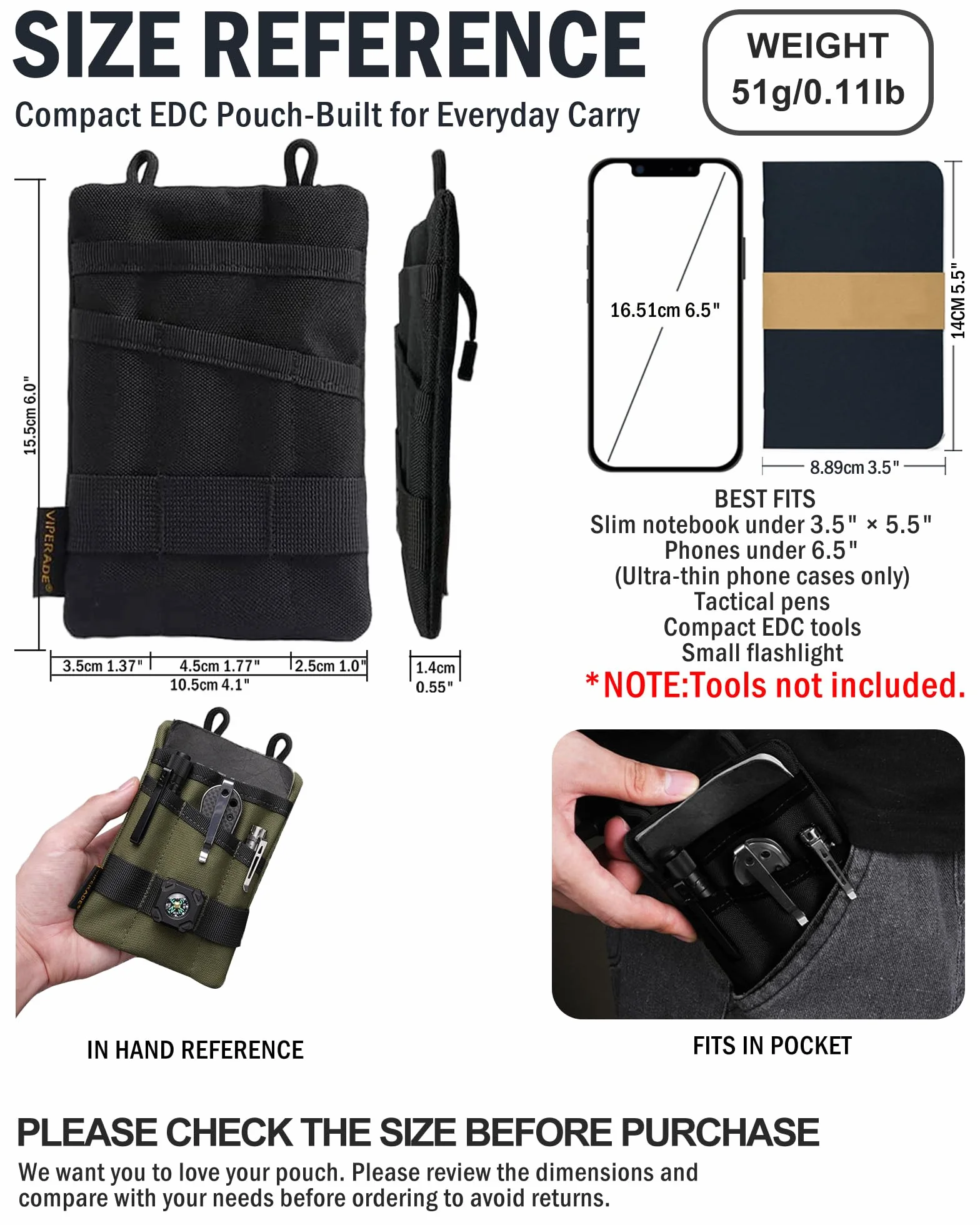 VIPERADE VE1 EDC Organizer kieszonkowy na narzędzia, mała torba EDC z 5 kieszeniami, mały organizer na narzędzia wielofunkcyjne, EDC, nylonowa torba na narzędzia, osłona na małą latarkę, narzędzia