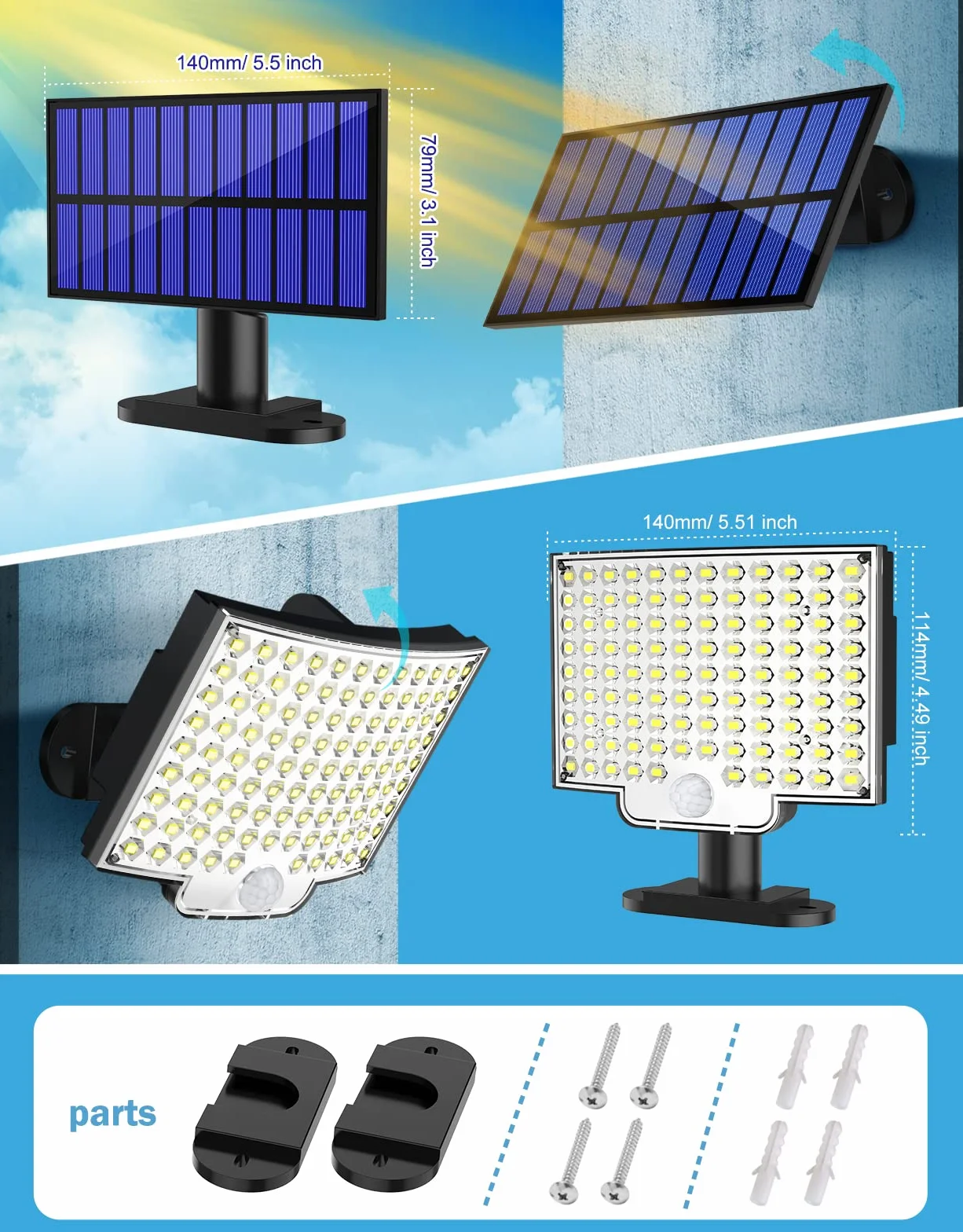 Lampy solarne MPJ do użytku na zewnątrz, zewnętrzna lampa solarna 106 LED z czujnikiem ruchu, wodoszczelność IP65, kąt świecenia 120°, solarna lampa ścienna do ogrodu, z kablem 5 m - 2 sztuki