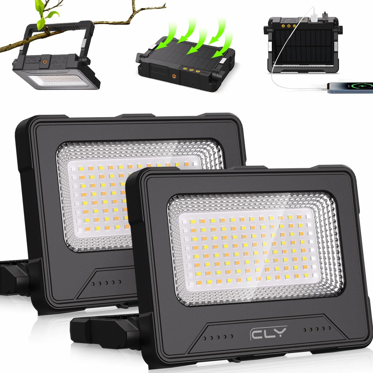 CLV 100W LED reflektor budowlany 12000MAH z akumulatorem LED, lampa robocza, reflektor 4 tryby świecenia, lampa kempingowa przenośna, 5 poziomów jasności, ładowana słonecznie, USB, lampa akumulatorowa