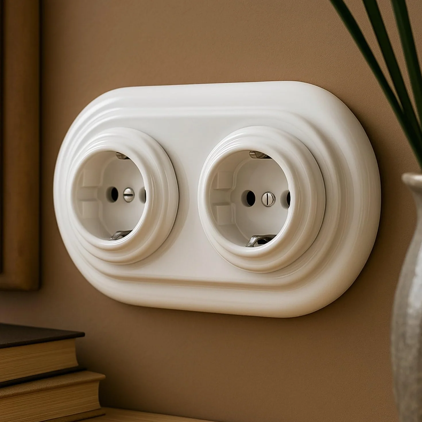 Podtynkowe gniazdko porcelanowe retro 2-drożne, All-in-One, SET seria PR1 białe