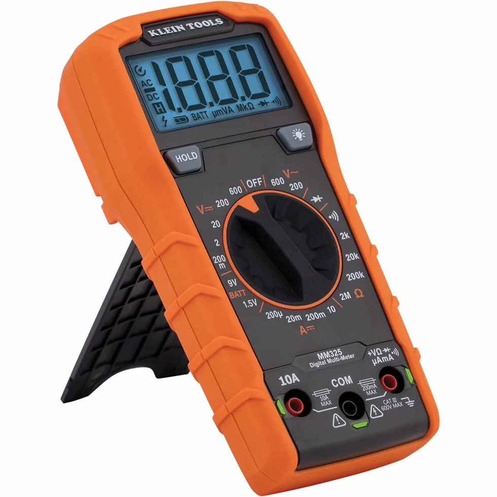 Klein Tools Multimetr MM325, cyfrowy ręczny tester napięcia 600 V AC/DC, testuje baterie, prąd, rezystancję, diody i ciągłość, czarny
