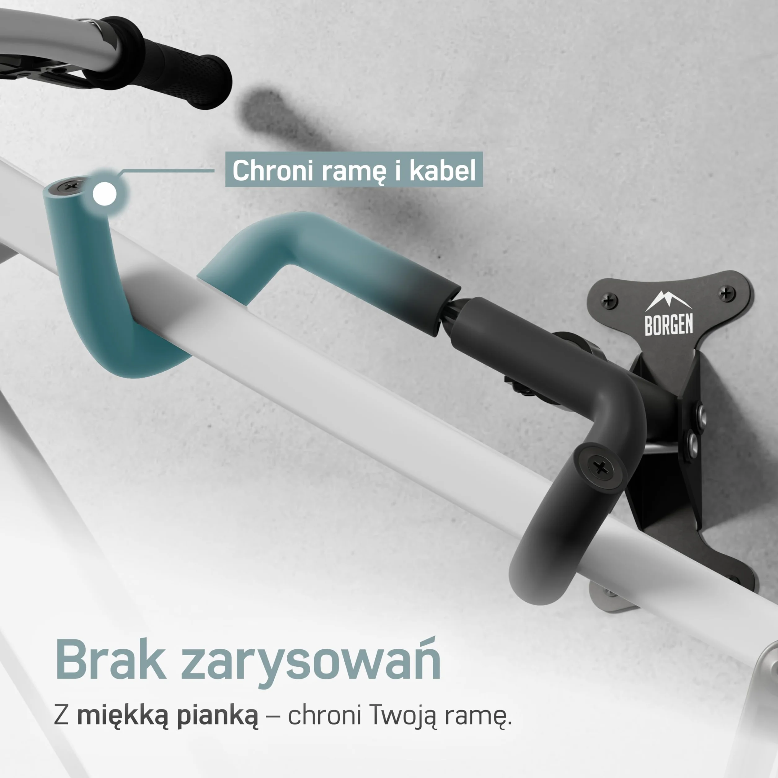Borgen Uchwyt ścienny do rowerów Uchwyt na rower - regulacja kąta i odległości od ściany, składany, MTB, rower szosowy, uchwyt ścienny na rower - dodatkowa miękka podkładka.