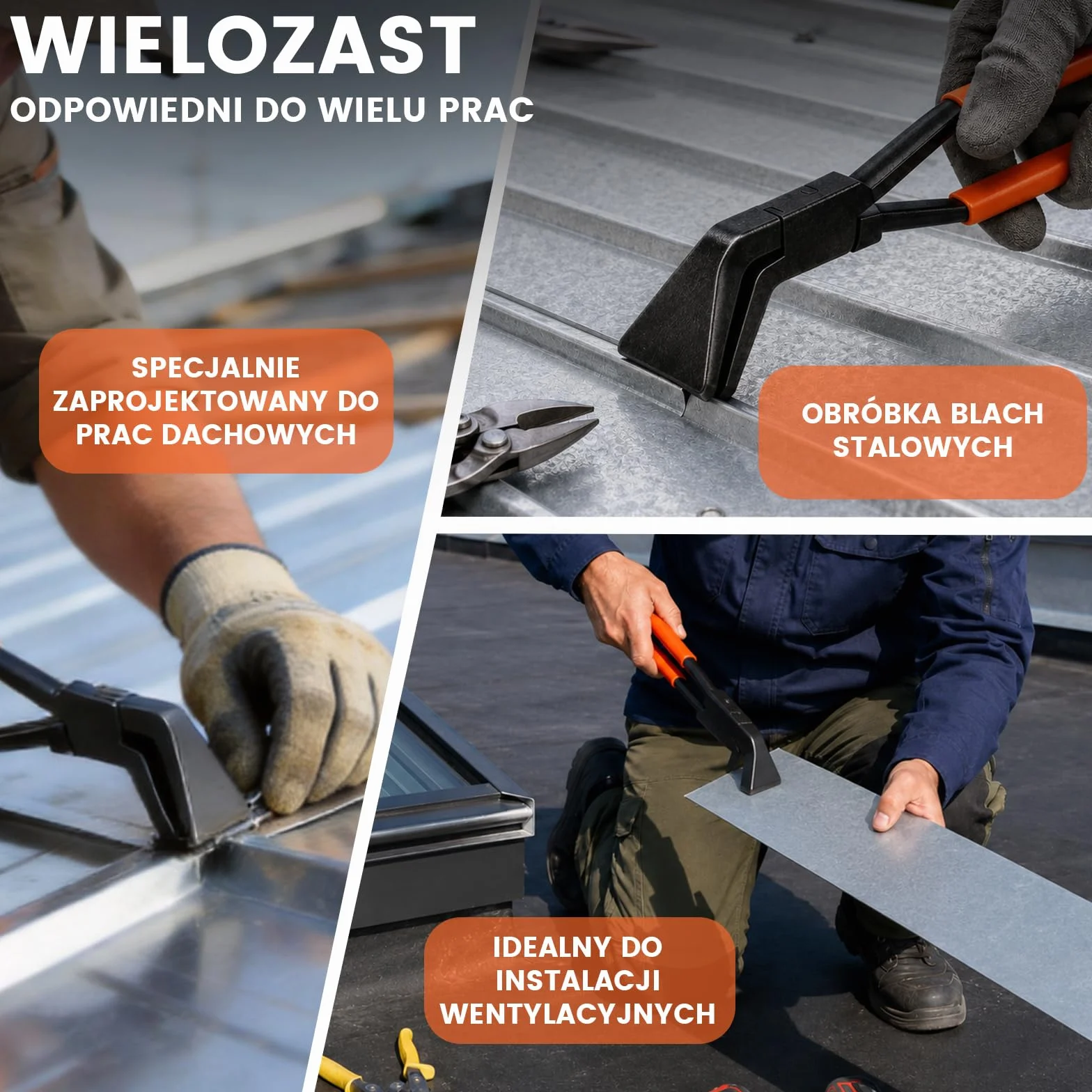 Szczypce do zaginania blachy, zestaw 3 sztuk szczypiec do cięcia prostych 0°, kątowe 45° i 90, ok. 55 mm szerokość szczęk 280 mm długość szczypce do gięcia, stal węglowa czarna oksydowana, narzędzie dachowe Spengler