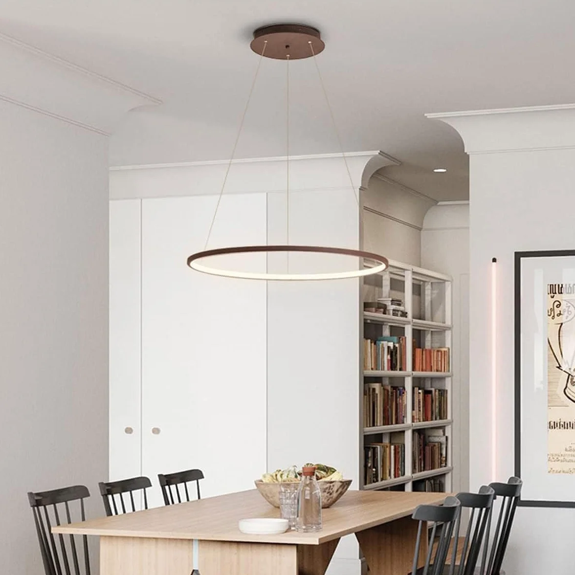 Bellastein LED Nowoczesne okrągłe oświetlenie wiszące z pilotem Lampa wisząca Regulowana wysokość Światło sufitowe Żyrandol do salonu Jadalnia Biuro (brązowy, L80cm)