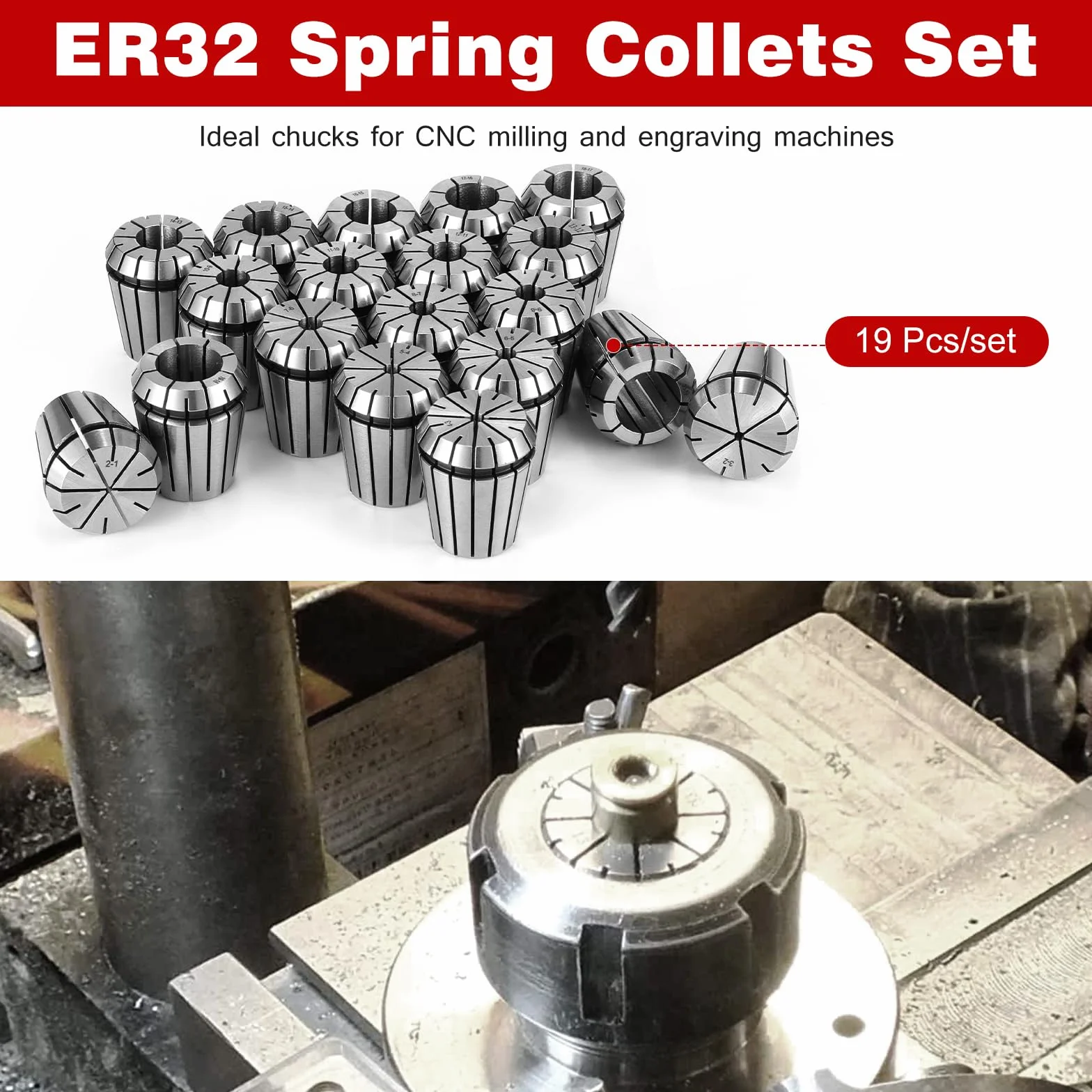 ER32 zestaw 19 precyzyjnych zacisków sprężynowych 2mm-20mm uchwyt zaciskowy do CNC