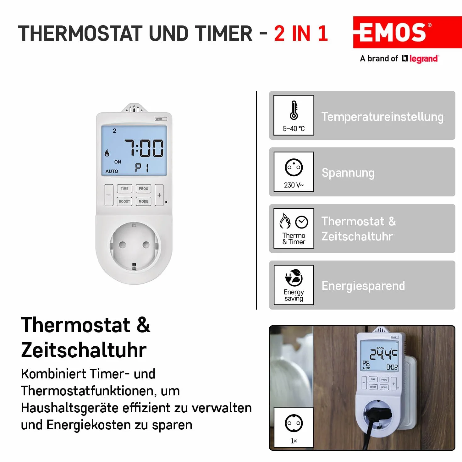 EMOS Termostat gniazdkowy 2 w 1 i timer, cyfrowy regulator temperatury pomieszczenia i timer gniazdko do ogrzewania i chłodzenia, grzejnika, ogrzewania na podczerwień, akwarium, terrarium, szklarni
