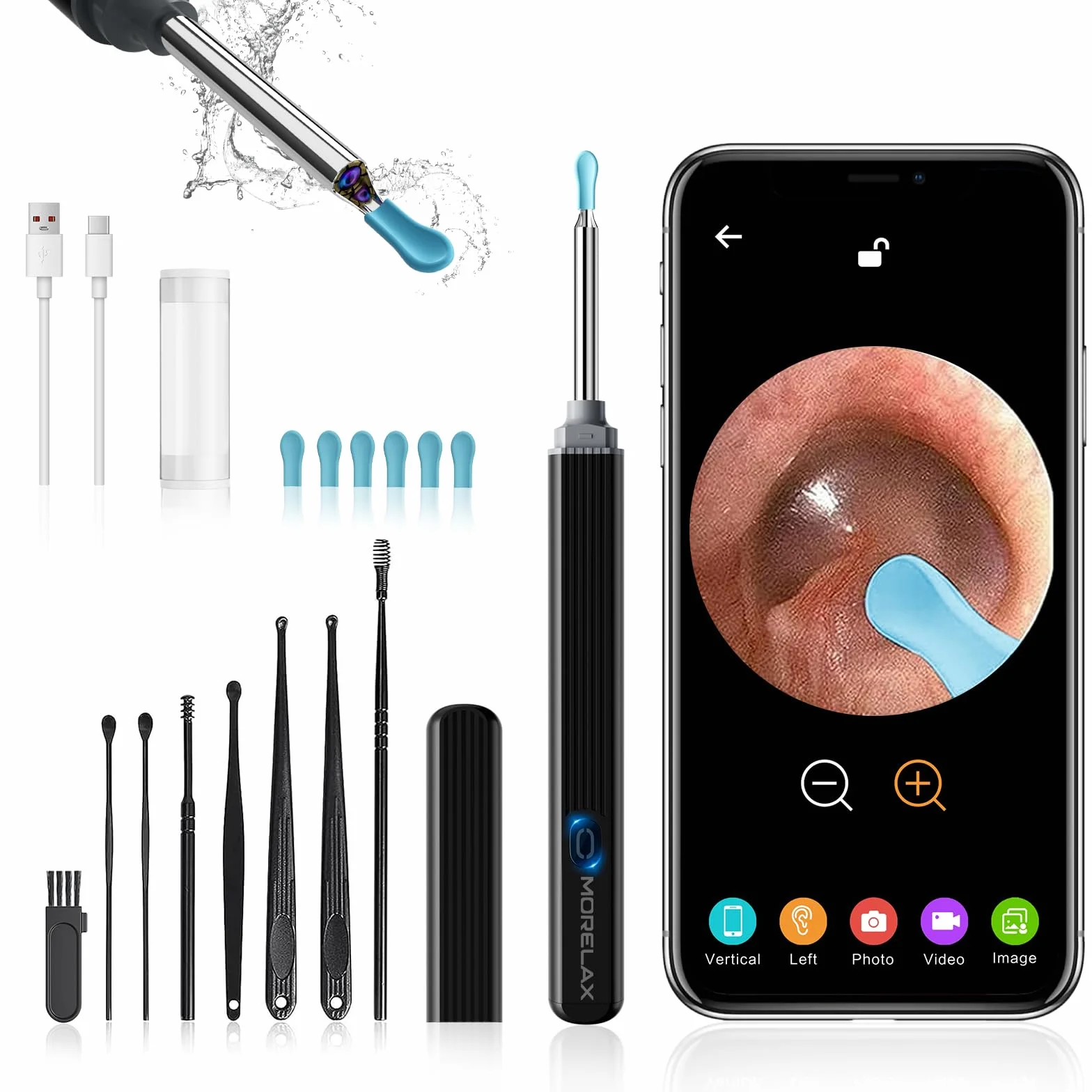 Otoskop do usuwania woskowiny, 1080p, urządzenie do czyszczenia uszu z kamerą, WiFi z kamerą, wodoszczelność IP67, kamera do uszu z 6 diodami LED – otoskop, do iPhone'a, Android, iPada, czarny
