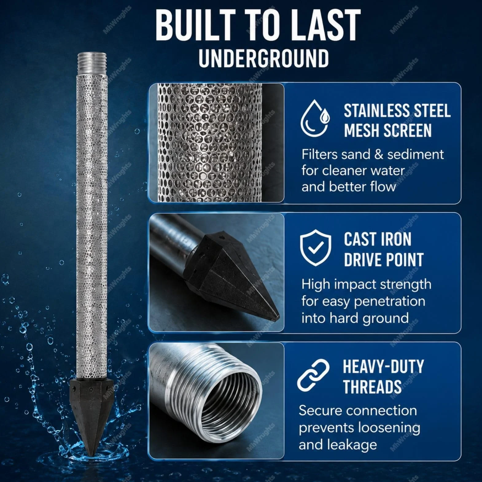 Zestaw do wiercenia studni wodnych, zestaw iglic wbijanych 1-1/4 cala x 36 cali z sitem ze stali nierdzewnej o oczkach 60, wytrzymałe ocynkowane rury przedłużające 6M