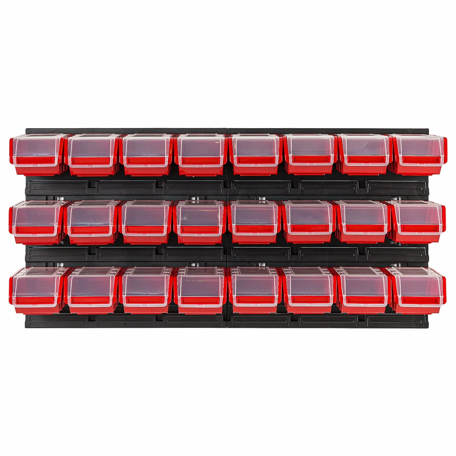 System przechowywania, pudełka do układania w stos z pokrywką, regał ścienny, 772 x 390 cm, 24 sztuki, ścianka narzędziowa, regał warsztatowy, regał rynnowy, czerwony