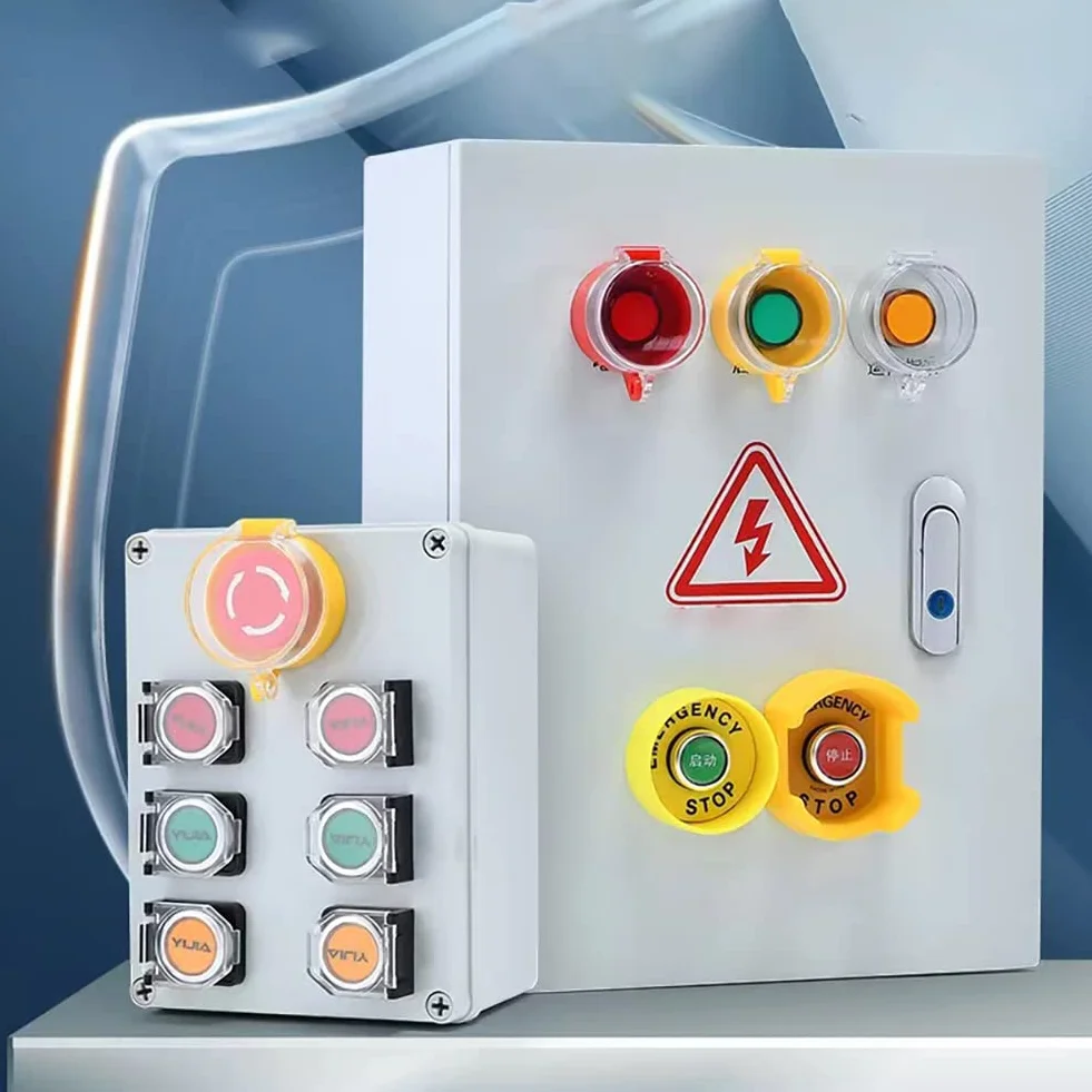 Chwilowy przełącznik przyciskowy czerwony, zielony, żółty, 22 mm, 10 A, 660 V, 4 zaciski, IP54, funkcja Start Stop