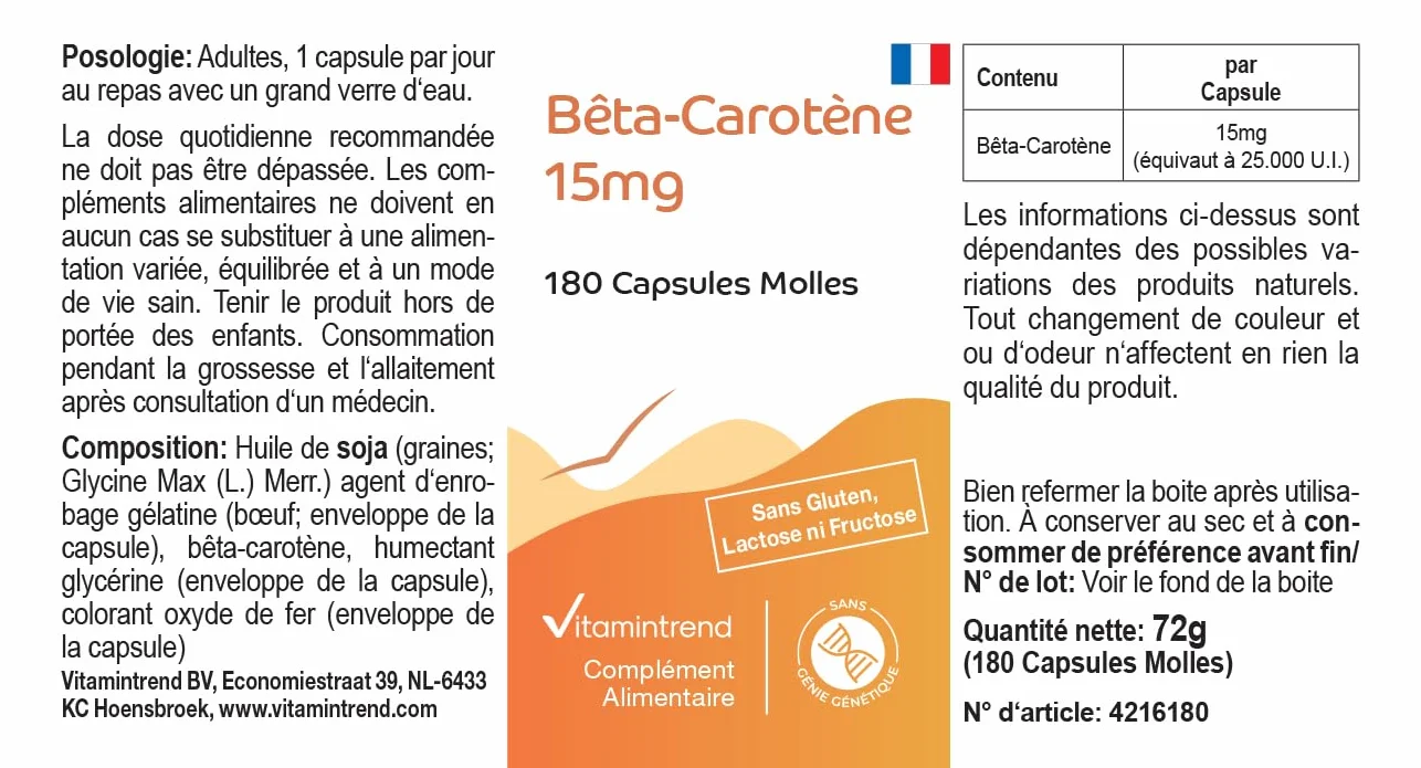 Vitamintrend Beta-karoten 15mg, 180 kapsułek po 15mg (odpowiada 25 000 j.m.), wysoka dawka, bez stearynianu magnezu, wyprodukowane w Niemczech.