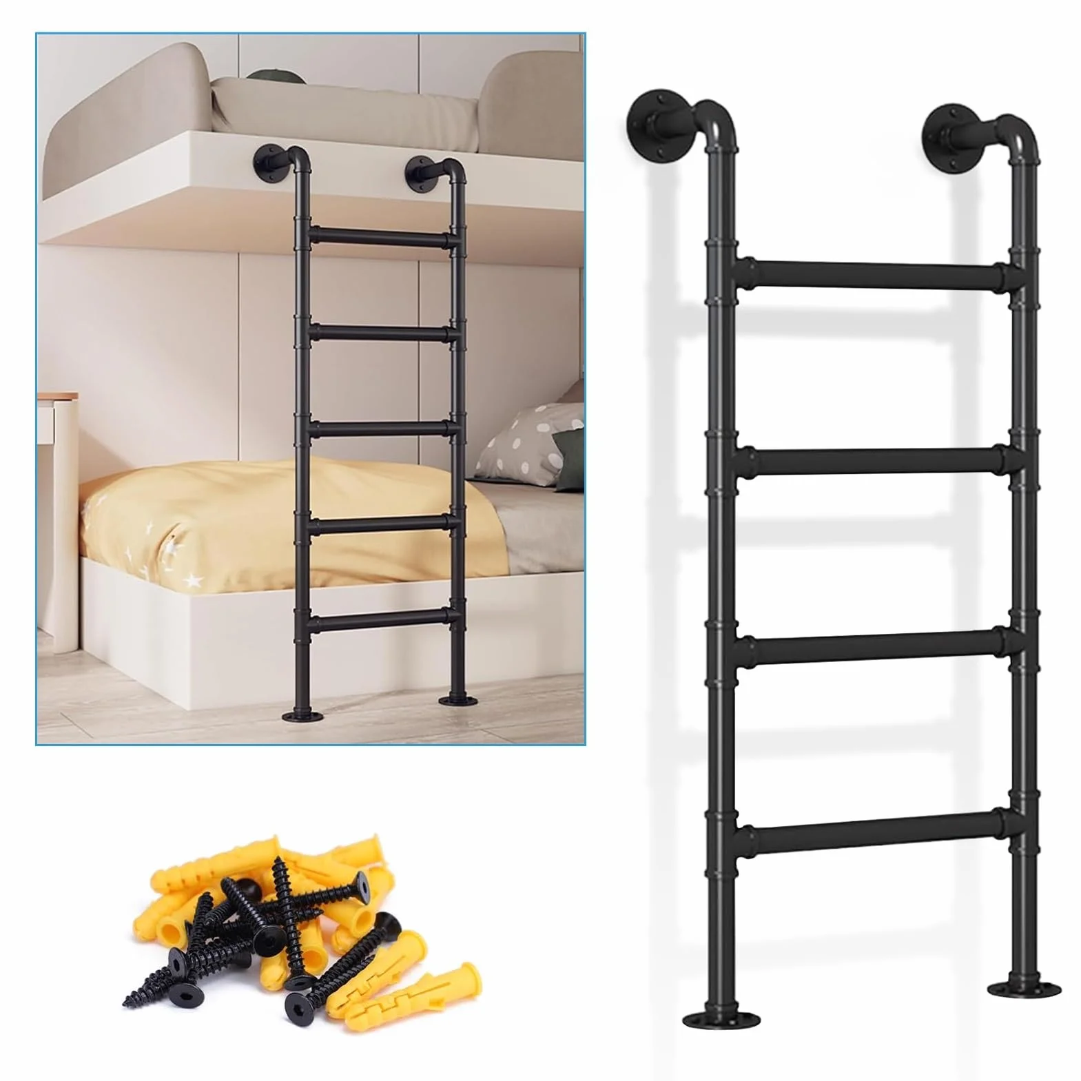 Czarna metalowa drabina do łóżka loftowego montowana na ścianie, schody strychowe drabiny wyjściowe do piwnicy, drabina balustradowa bezpieczeństwa, ładunki 150 kg drabina ewakuacyjna