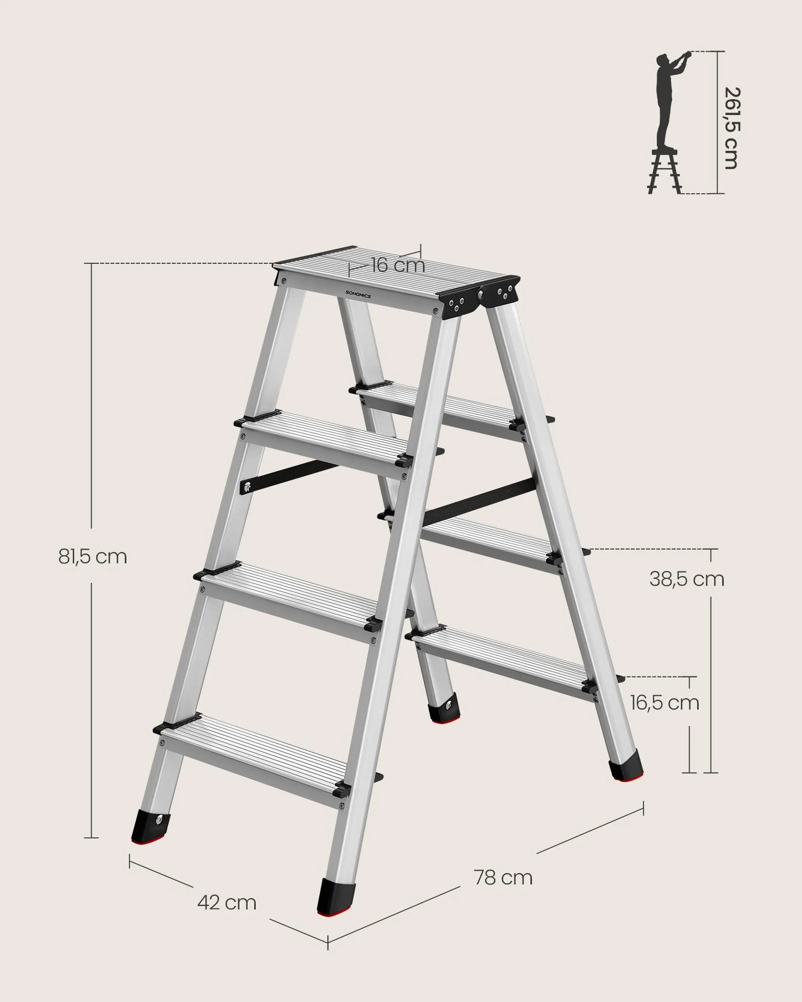 SONGMICS Drabina, schody, drabina aluminiowa z 4 antypoślizgowymi stopniami, składana, schody, drabina wielofunkcyjna, nośność do 150 kg, srebrno-szary atrament czarny GLT014E01