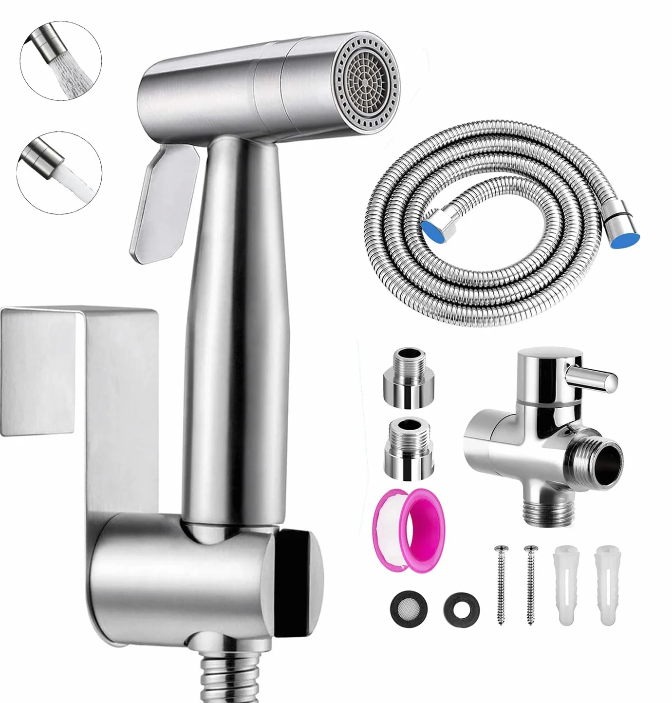 Bidet, ręczny spryskiwacz do toalety, podwójny tryb (Jet/Stream), do prysznica, łazienki, higieniczny papier toaletowy, czyszczenie pieluch, z zaworem G1/2" i G3/8" srebrny