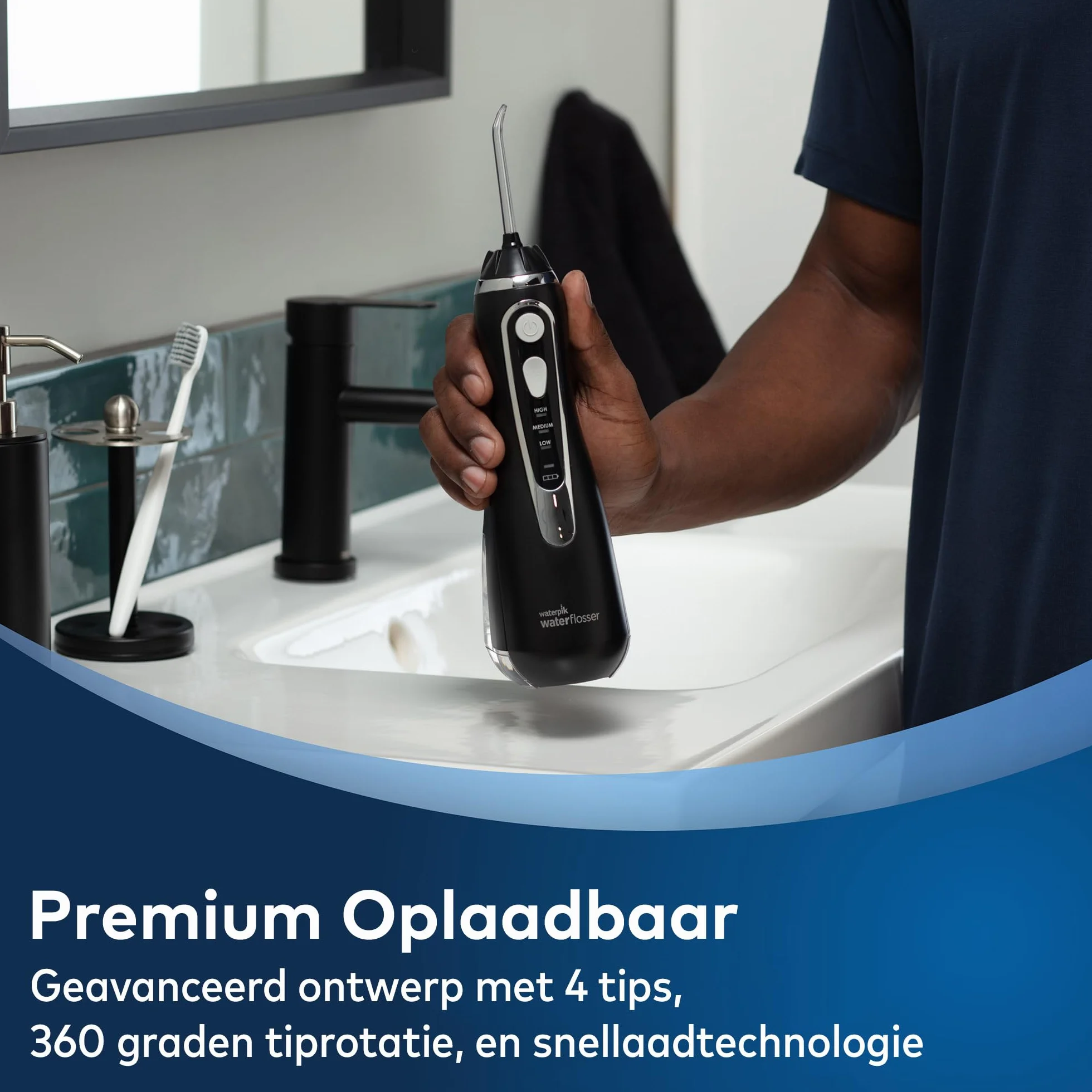 Waterpik Irygator Bezprzewodowy Cordless Advanced, 3 Ustawienia Ciśnienia, Usuwanie Płytki Nazębnej, Idealny w Podróż i do Małej Łazienki, Zasilanie Akumulatorowe USB, Kolor Czarny (WP-582EU)