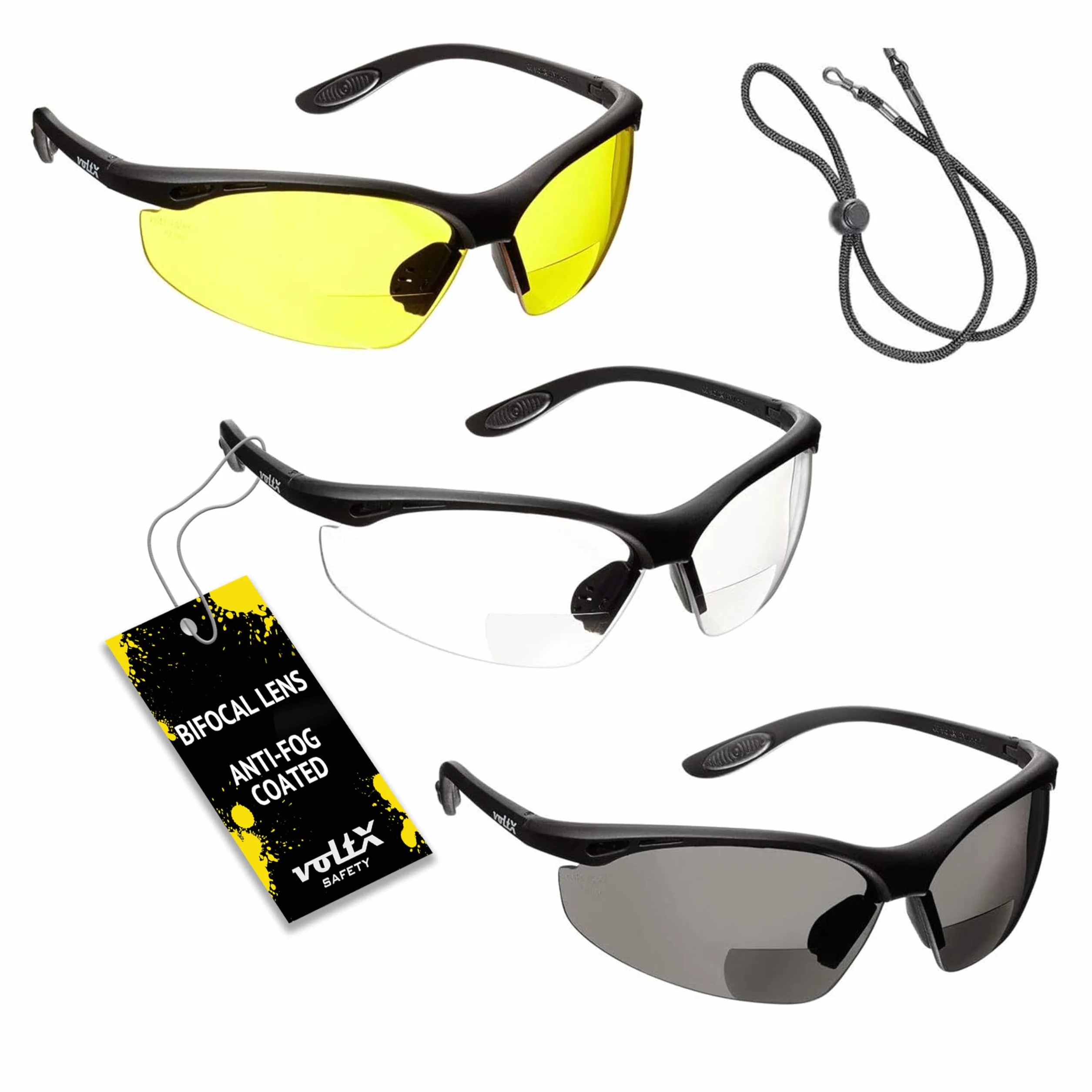 BIFOKALE voltX 'Constructor' okulary ochronne z funkcją czytania (+ 1.0 - +3,0 przezroczystych dioptrii, żółto-szare) z certyfikatem CE EN166f / okulary sportowe dla rowerzystów