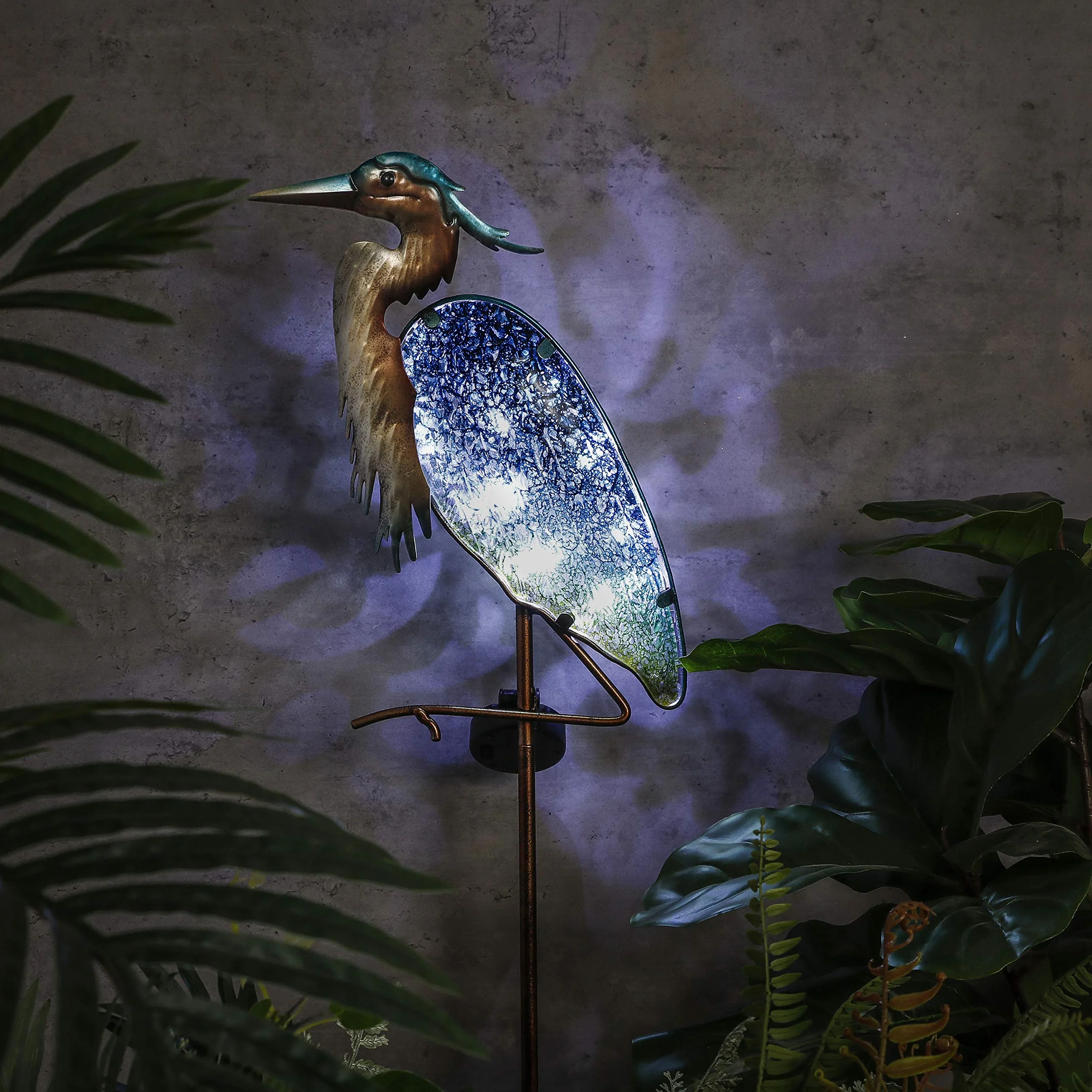 TERESA’S COLLECTIONS Grey Heron Garden Figure Outdoor Solar Light 106cm Solar LED Garden Light Metal Glass Wodoodporna ścieżka światła z kolcem Ground Solar Lamp Garden Decoration