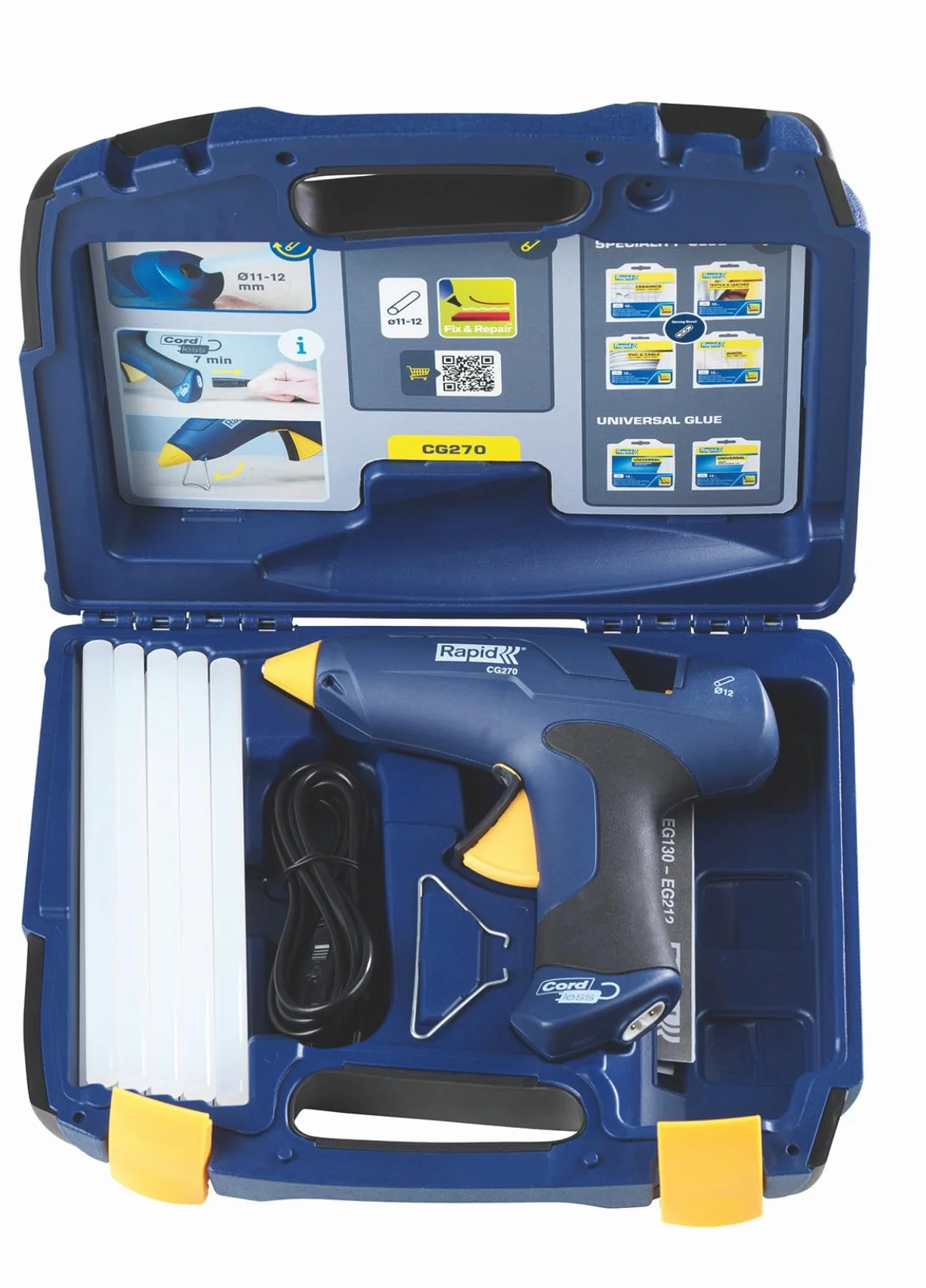 Rapid CG270 pistolet do klejenia na gorąco z odłączanym kablem – zestaw 10 wkładów do kleju i walizka – do majsterkowania, naprawy; przepływ kleju 400 g/h – do 12 mm